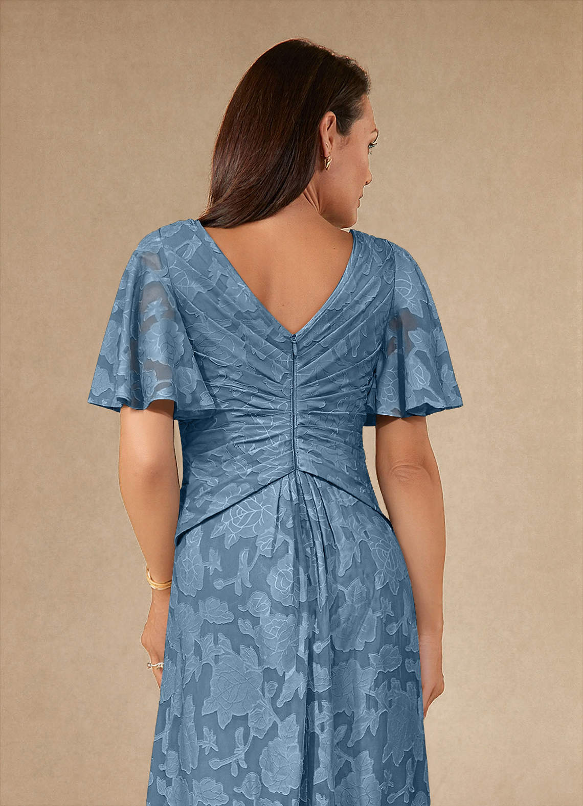 Azazie Emmeline Mother of the Bride Dresses Steel Blue A-Line Pleated Floral Burnout Dress image5