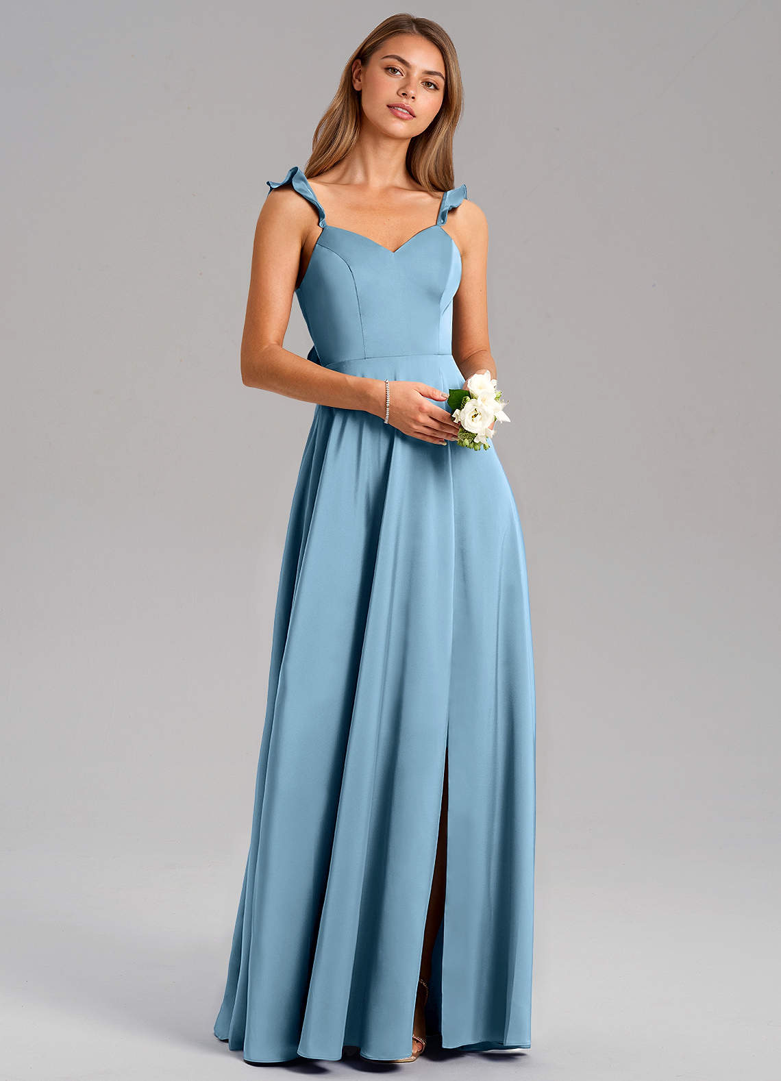 Azazie Everett Brautjungfernkleider A-Linie Stretch-Satin Kleid Stahlblau image1