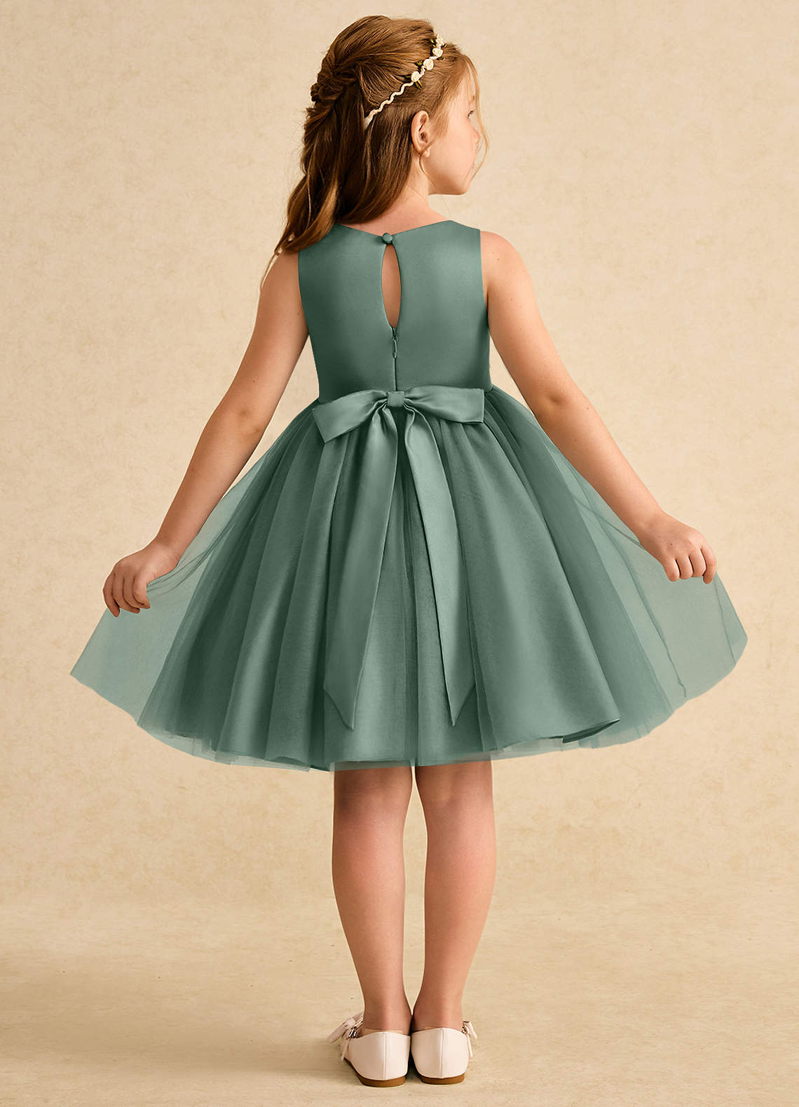 Azazie Prima Flower Girl Dresses Eucalyptus A-Line Bow Tulle Dress image1