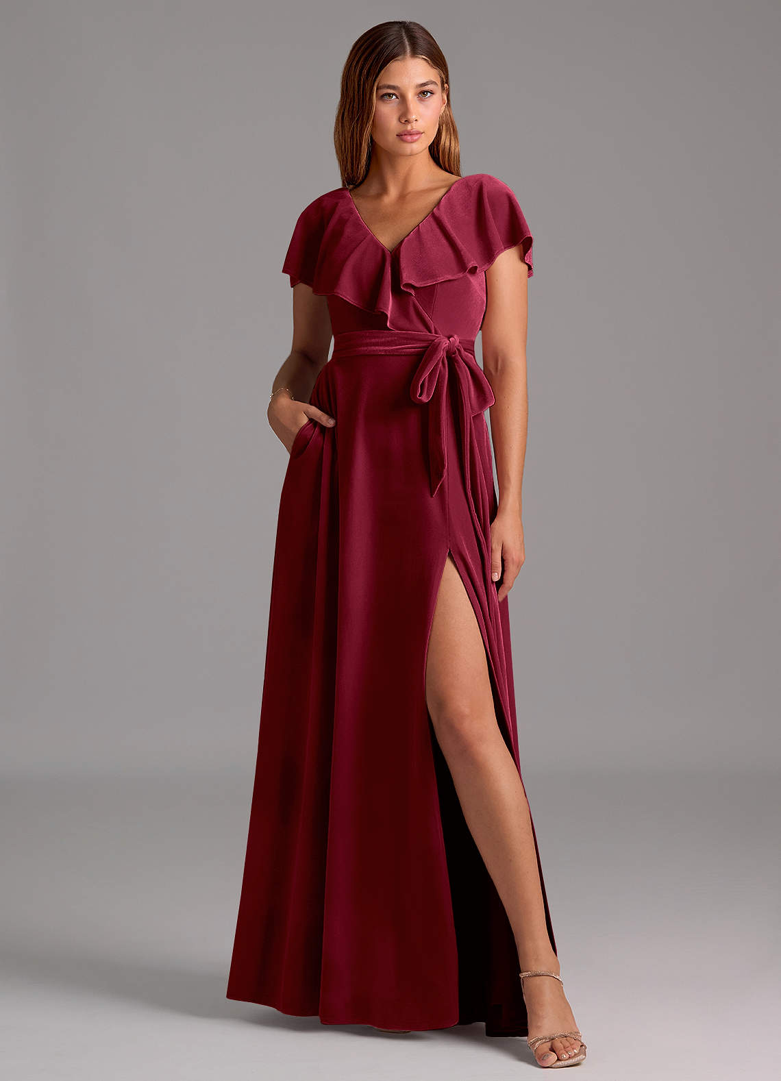 Azazie Lainey Bridesmaid Dresses Burgundy A-Line Ruched Velvet Dress image1