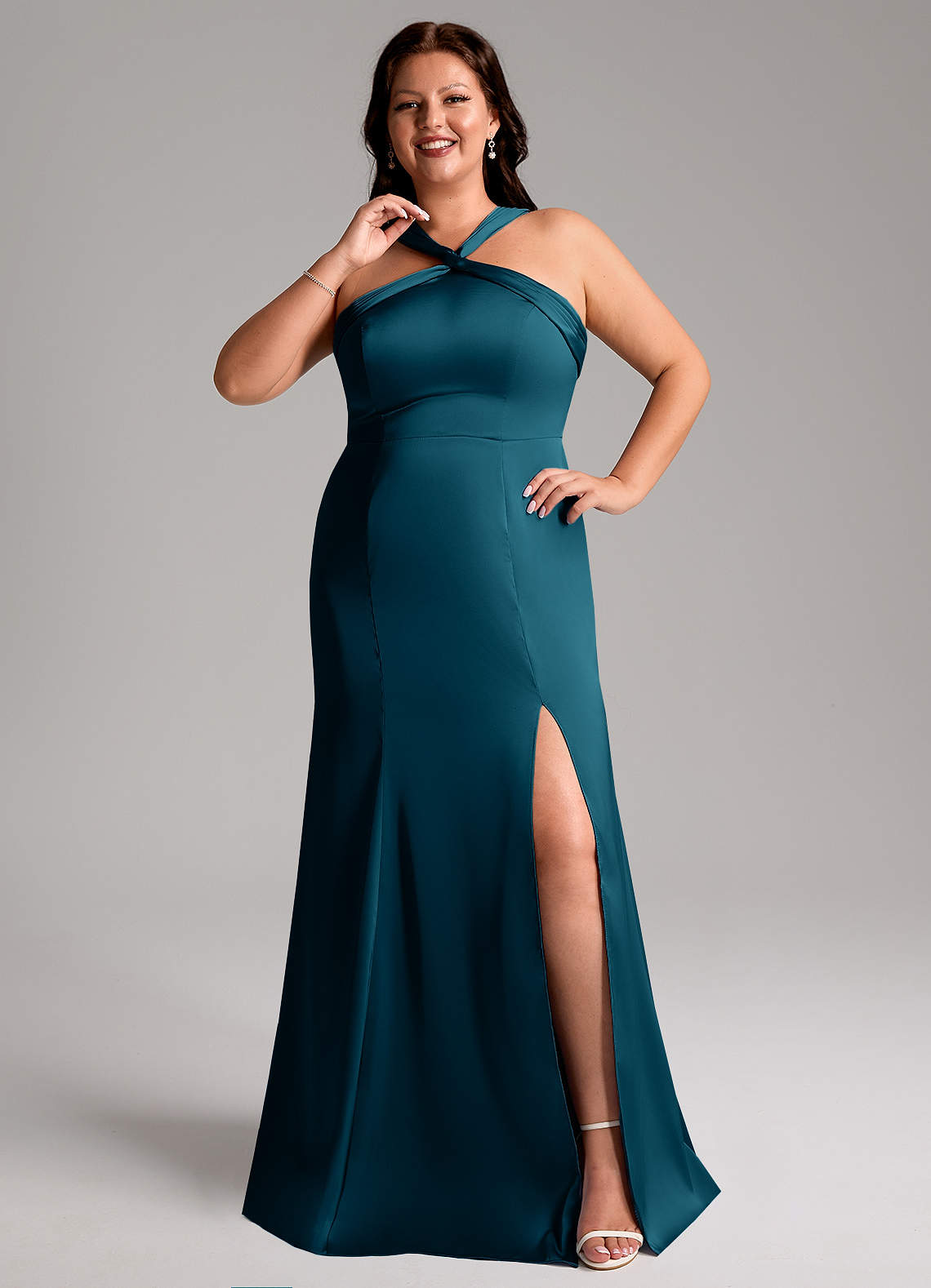 Azazie Rue Vestidos de damas de honor Vestido de Azul Tinta de Satén Elástico de Corte Sirena con Plisado image7