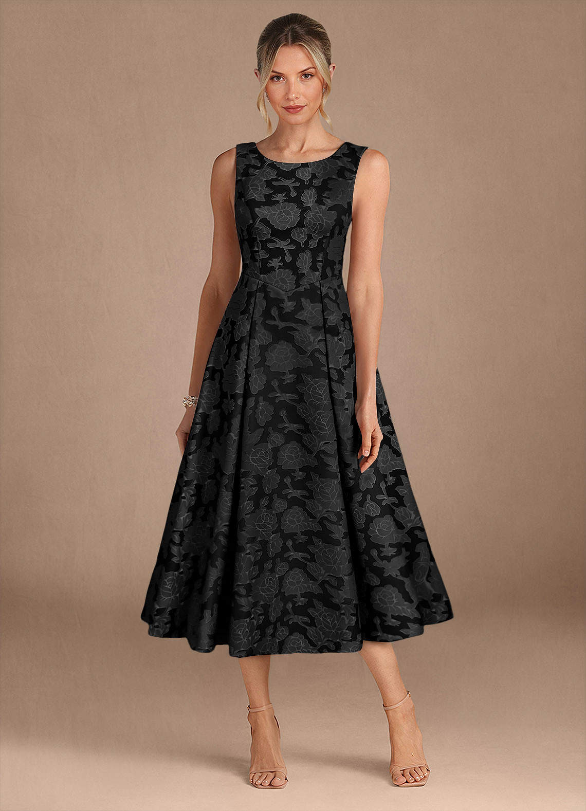 Azazie Fulton vestidos de madre de la novia Vestido de Negro de Devorado Floral de Corte En A con Plisado image4