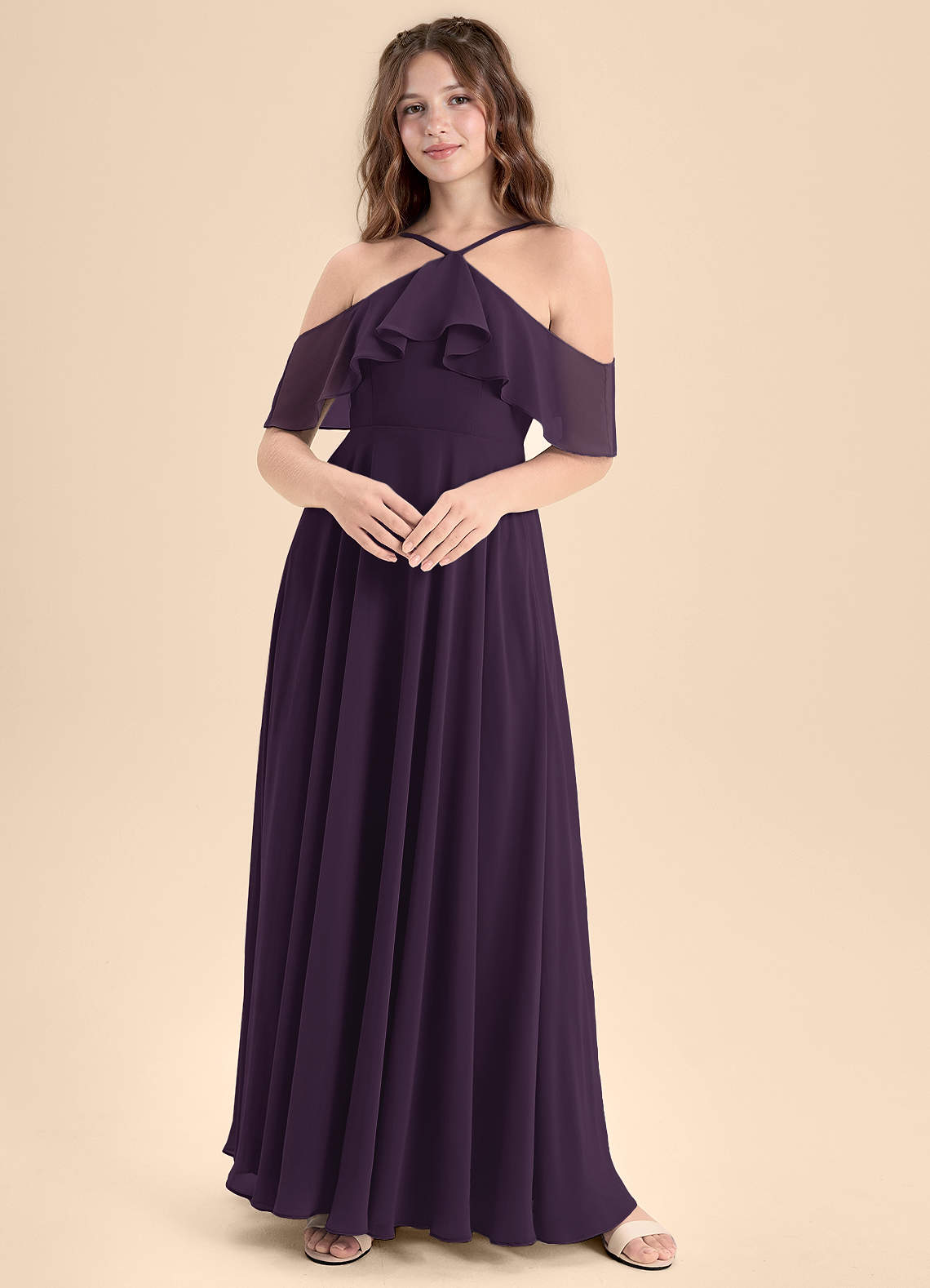 Azazie Tessabelle Junior Plum A-Line Off the Shoulder Chiffon Dress image1