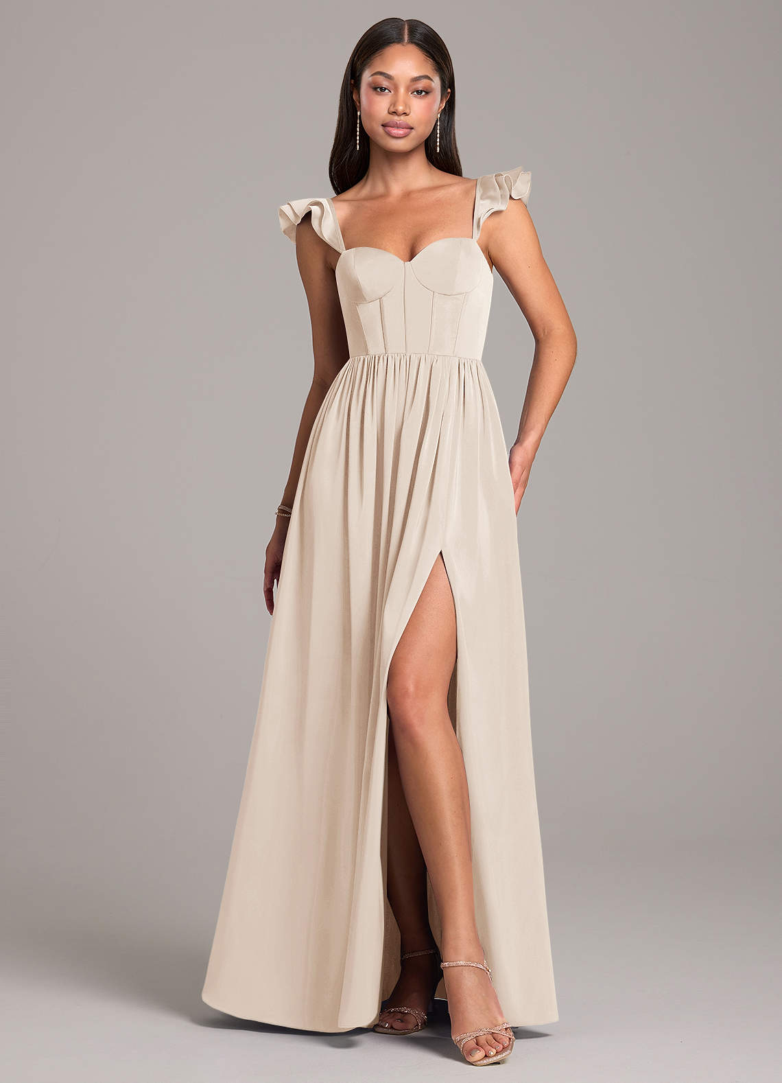 Azazie Denisse Brautjungfernkleider A-Linie Gestreift Stretch-Satin Kleid Alabaster Weiß image1