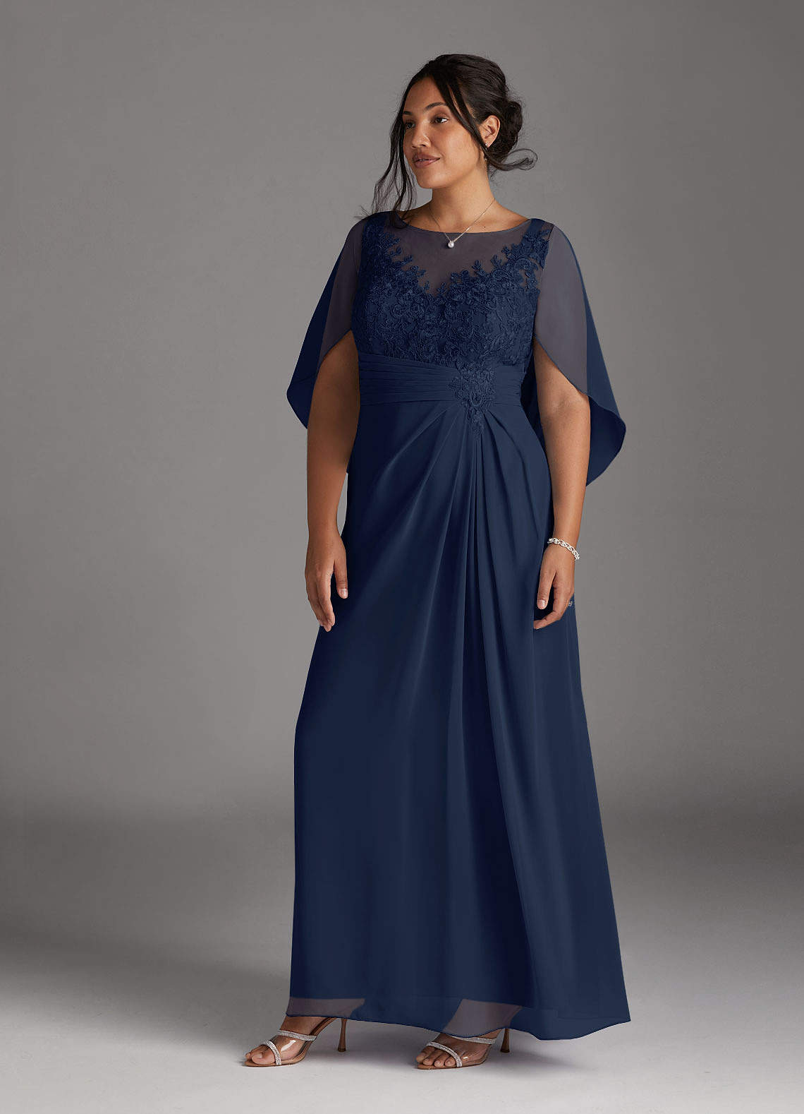 Azazie Hera Mother of the Bride Dresses Dark Navy A-Line Lace Capelet Chiffon Dress image8