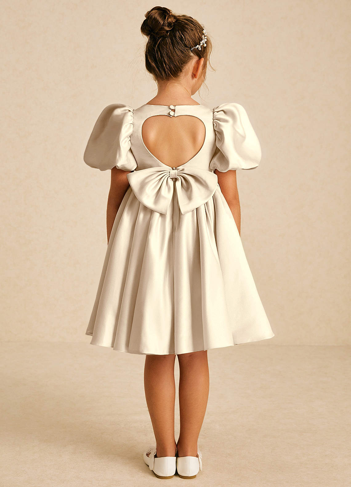 Azazie Muffin Flower Girl Dresses Champagne A-Line with Sleeves Matte Satin Dress image1