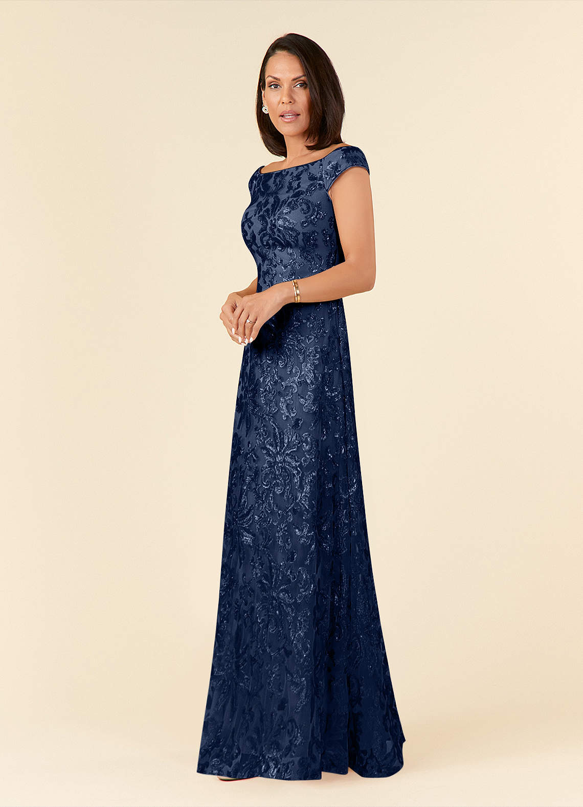 Azazie Porcelain Mother of the Bride Dresses Dark Navy A-Line Off the Shoulder Lace Dress image1