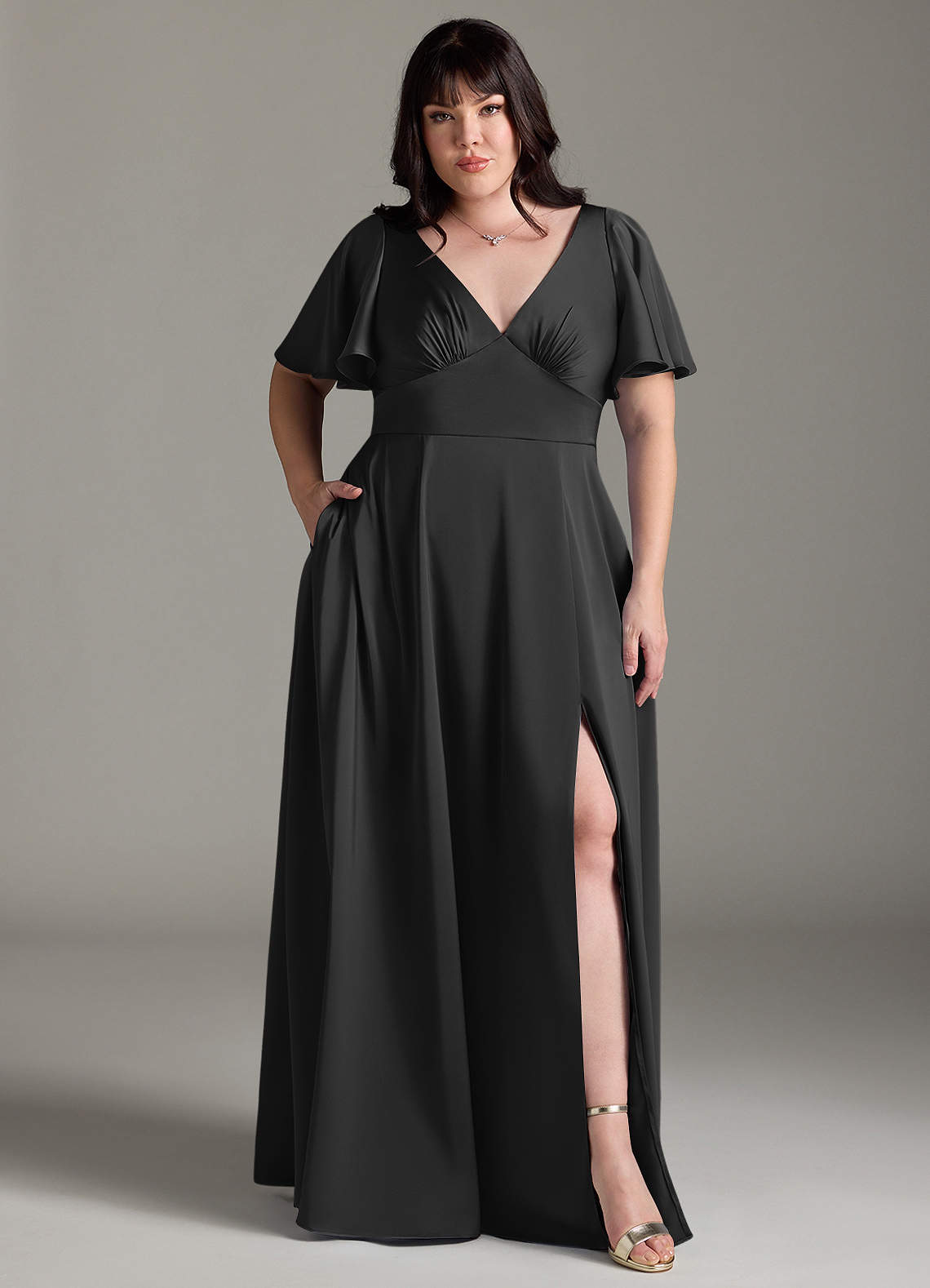 Azazie Kimber Bridesmaid Dresses Black A-Line Ruched Stretch Satin Dress image6