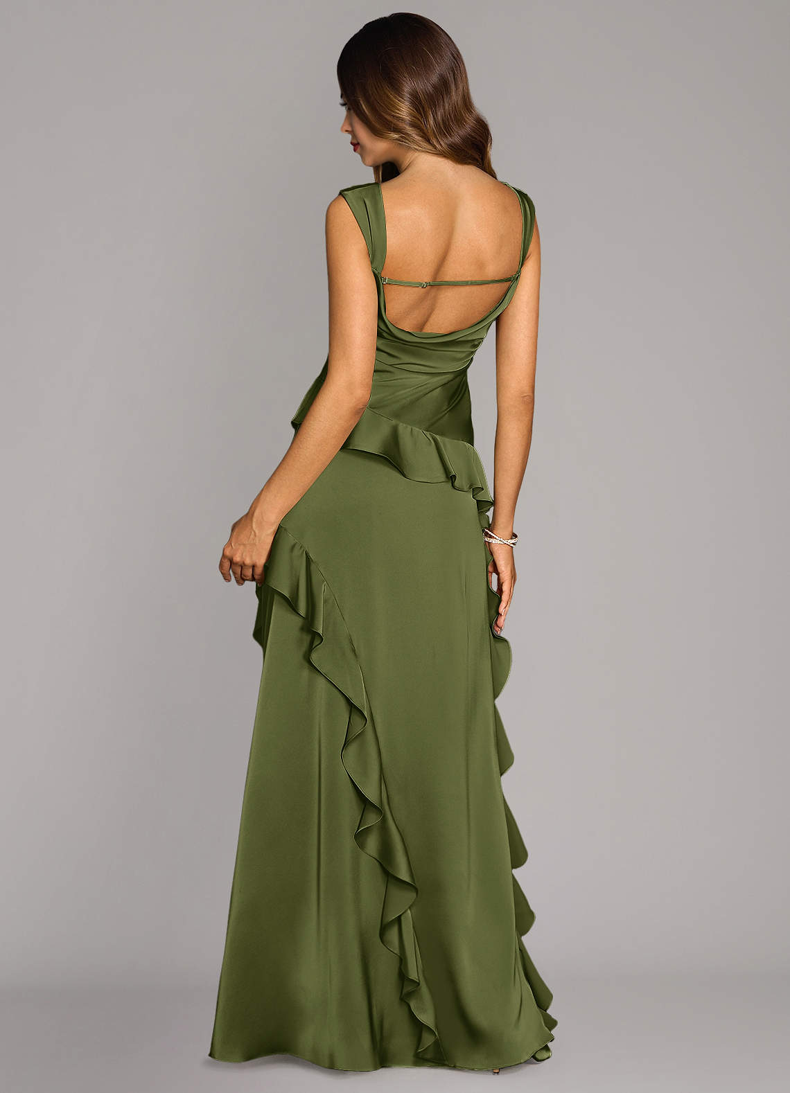Azazie Sloane Vestidos de madrinha de casamento Vestido Oliva de Cetim elástico de Linha A com Decote em coração image1