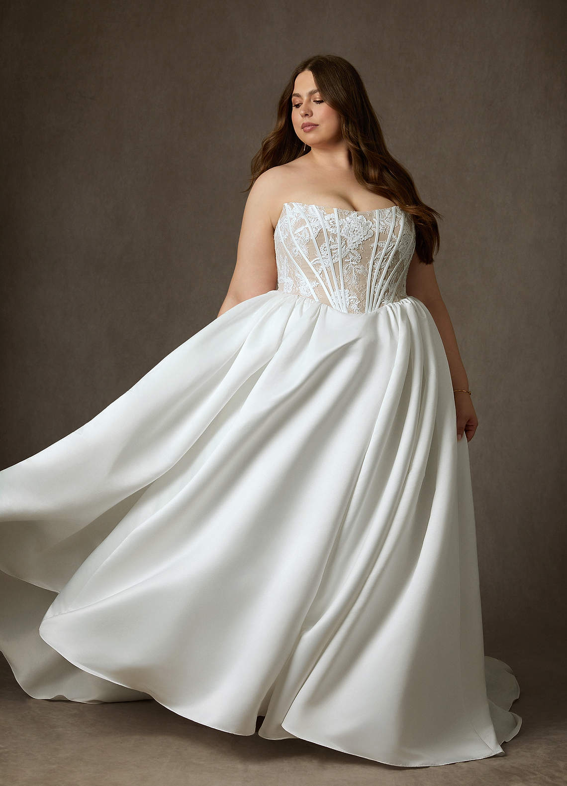 Azazie Mirabeth Wedding Dresses Diamond White Nude Ball-Gown Strapless Lace Dress image1