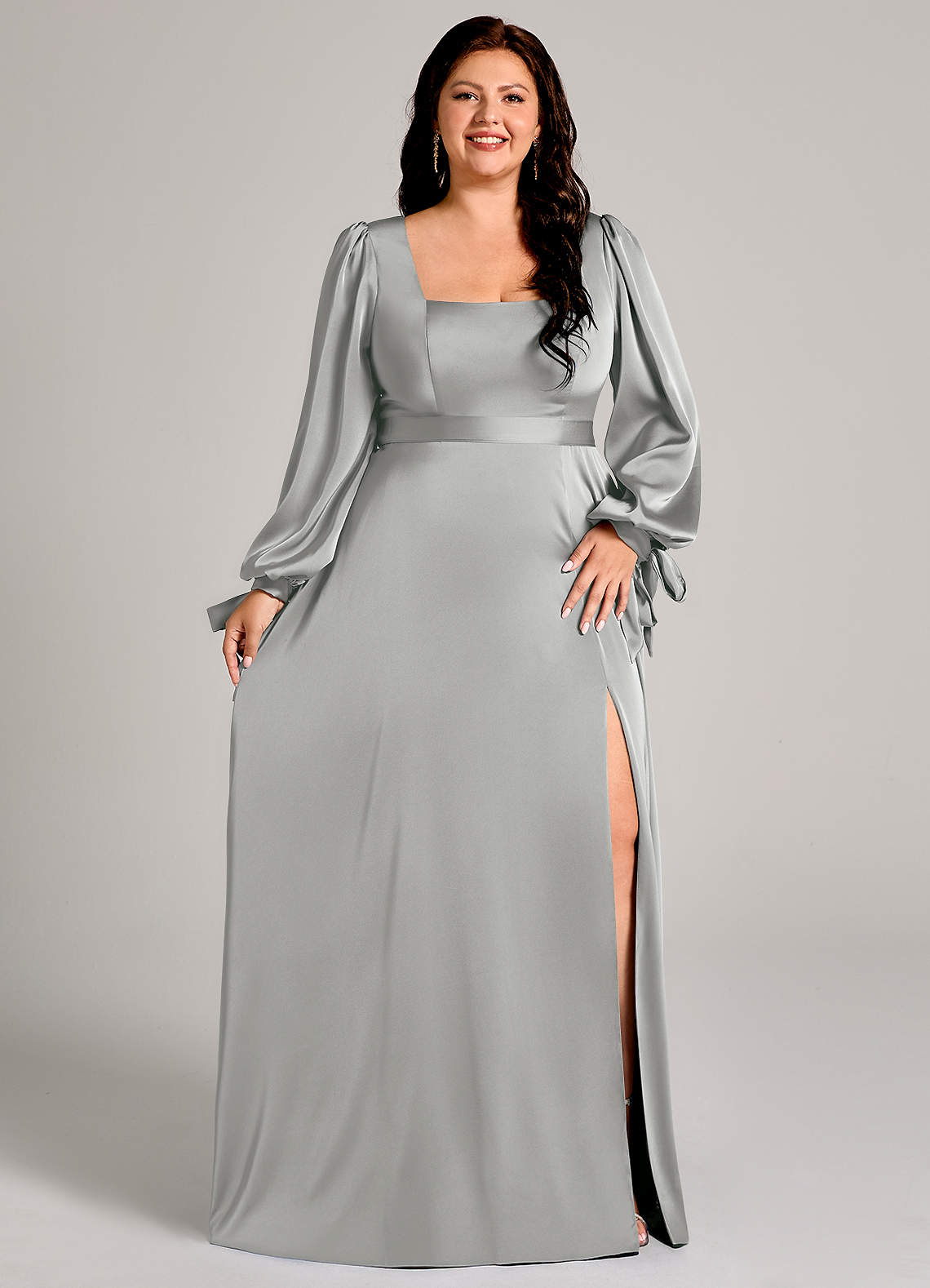silver satin long sleeve dress Iris Long Sleeve Satin Maxi Dress / Frosted Blue | MESHKI
