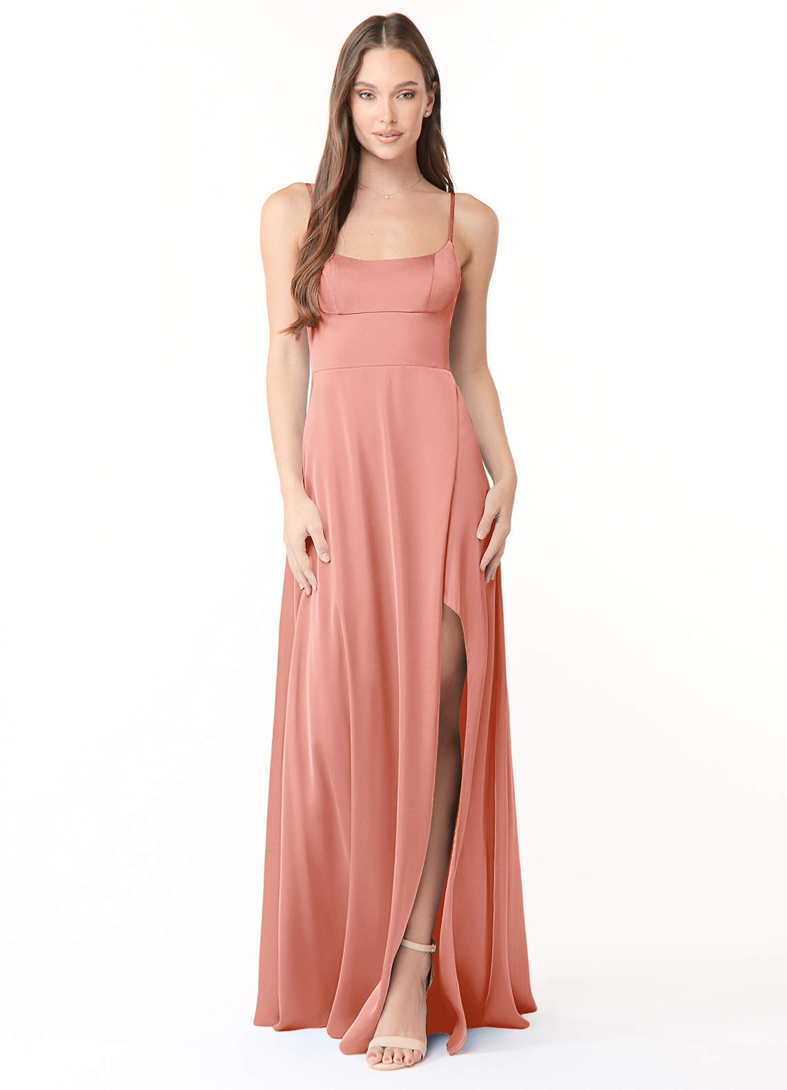 Azazie Halsey Bridesmaid Dresses Coral Sheath Side Slit Stretch Satin Dress image1