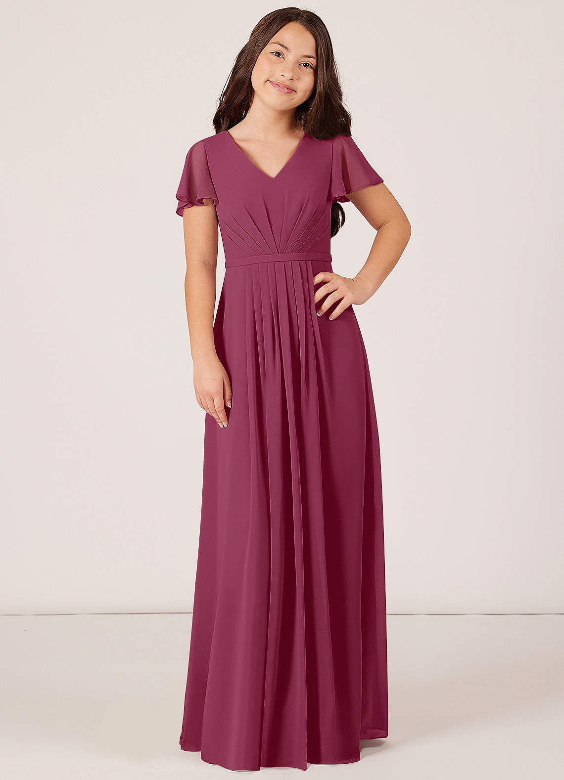 Azazie Peony Junior Mulberry A-Line Pleated Chiffon Dress image1
