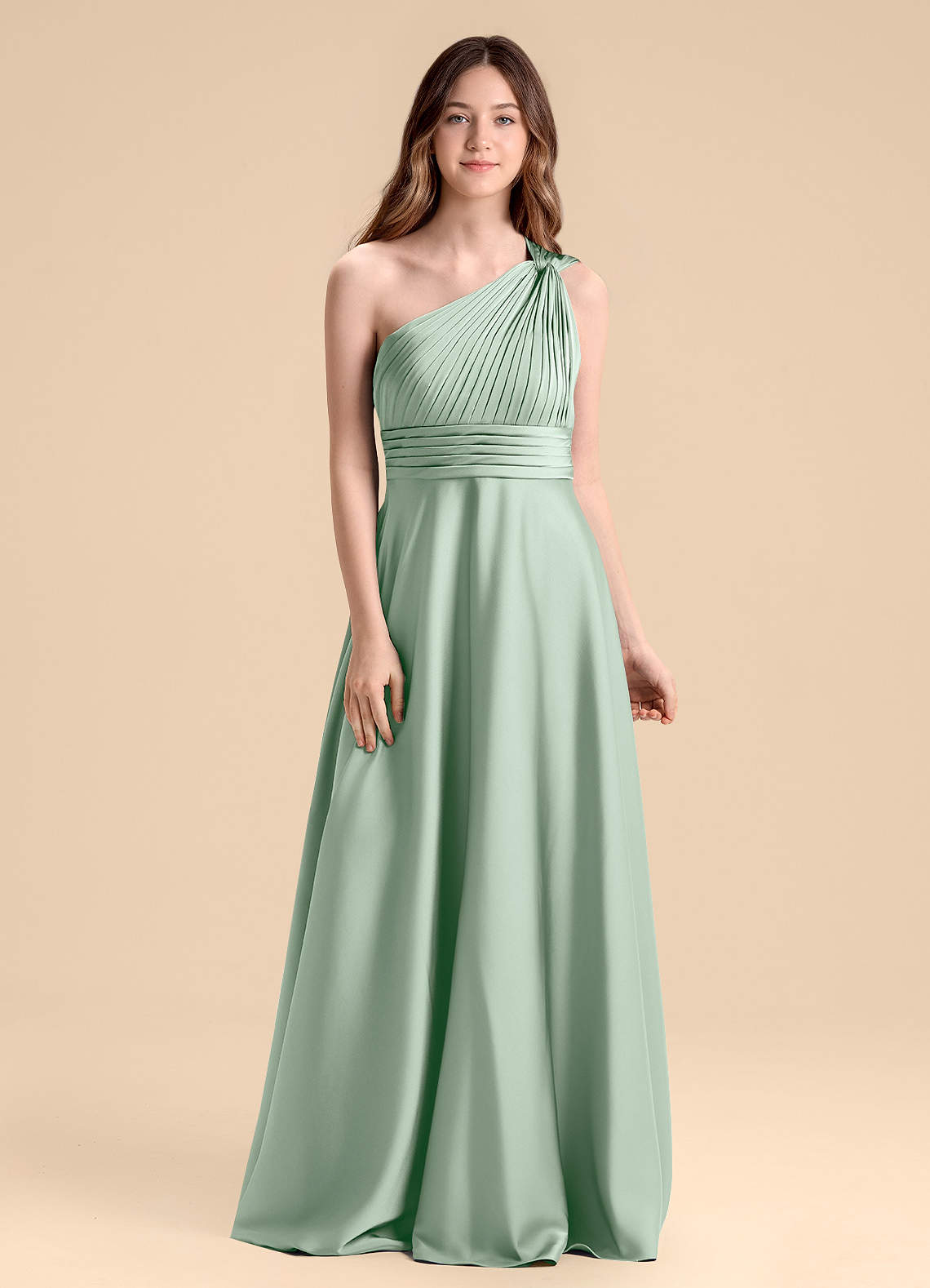 Azazie Charlize Junior Agave A-Line Pleated Stretch Satin Dress image1
