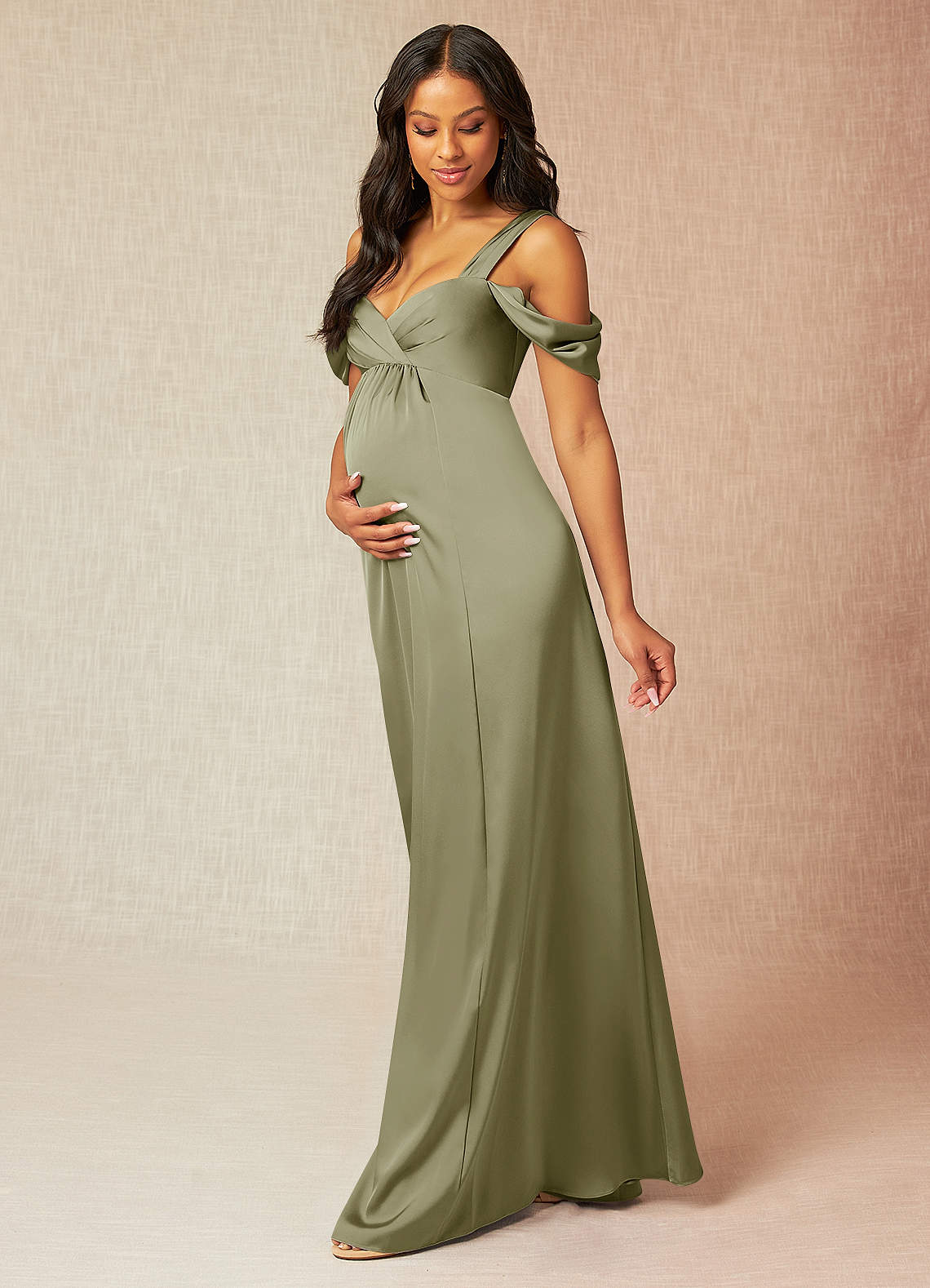 Azazie Rhea Maternity Bridesmaid Dresses A-Line Off-The-Shouler Pleated Stretch Satin Floor-Length Dress image2