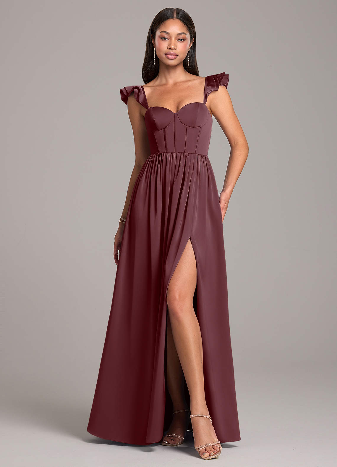 Azazie Denisse Bridesmaid Dresses Sangria A-Line Ruched Stretch Satin Dress image1