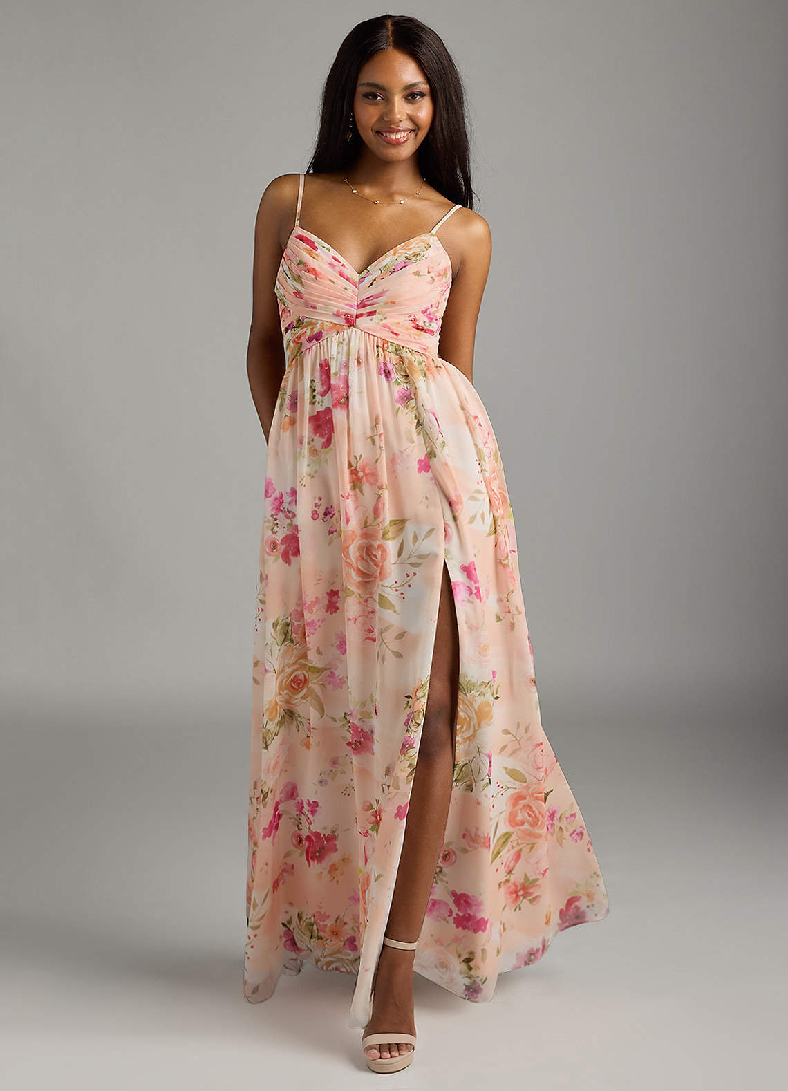 Azazie Alia Bridesmaid Dresses Abstract Bouquet Floral A-Line Pleated Chiffon Dress image1