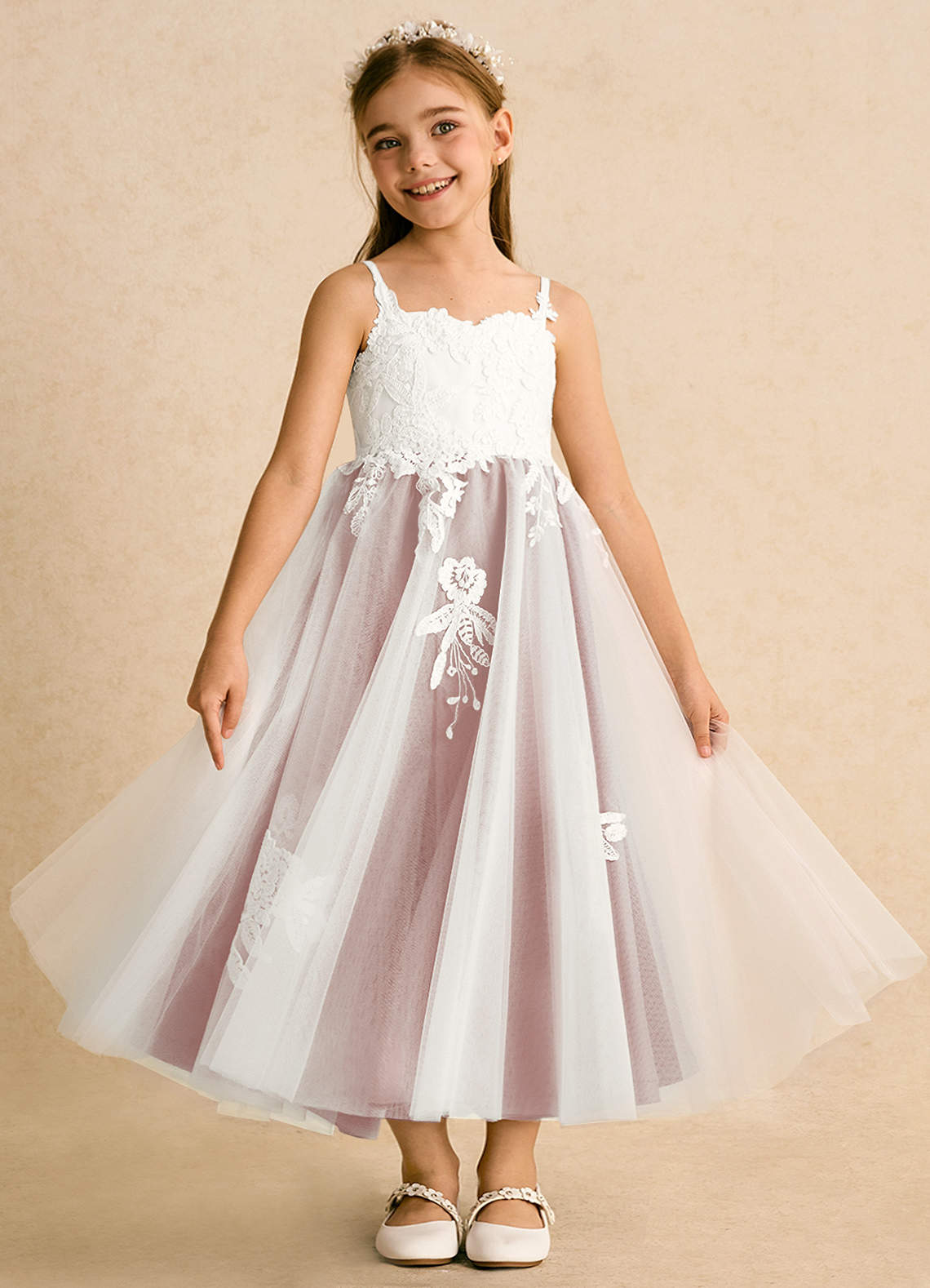 Azazie Coraline vestidos de niña de las flores Vestido de Marfil Oro Rosa de Encaje de Corte en A image2