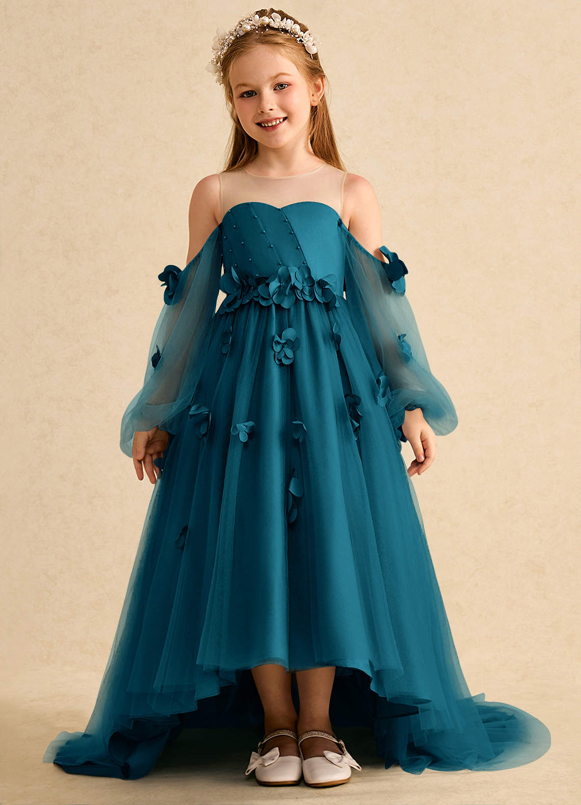 Azazie Karrie vestidos de niña de las flores Vestido de Azul Tinta de Tul de Corte En A con Con mangas image1
