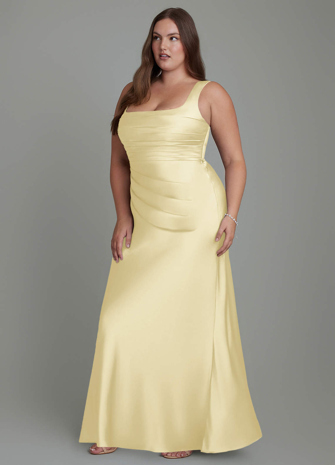 Azazie Agustina At-home Try On Dresses Lemon Sorbet Mermaid Corset Stretch Satin Dress image10