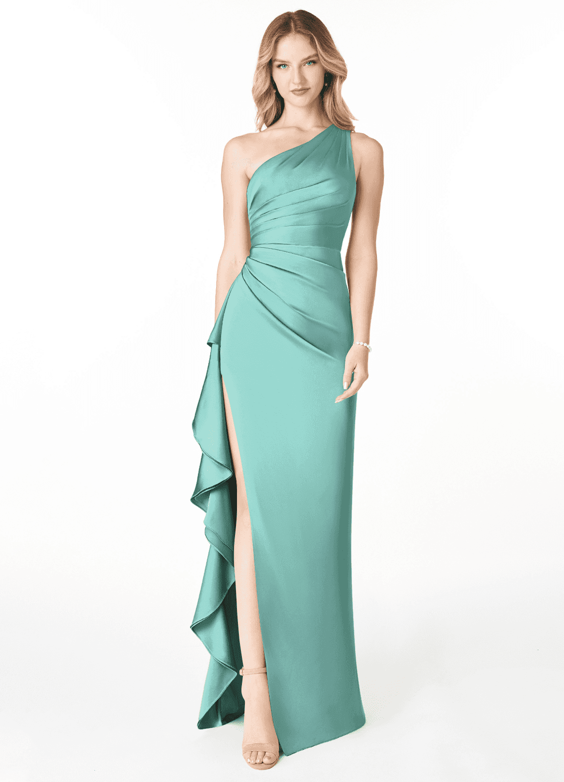 Azazie Latrice Robes de demoiselle d'honneur Robe Fourreau en Satin extensible Volants en cascade à une épaule Aqua image1