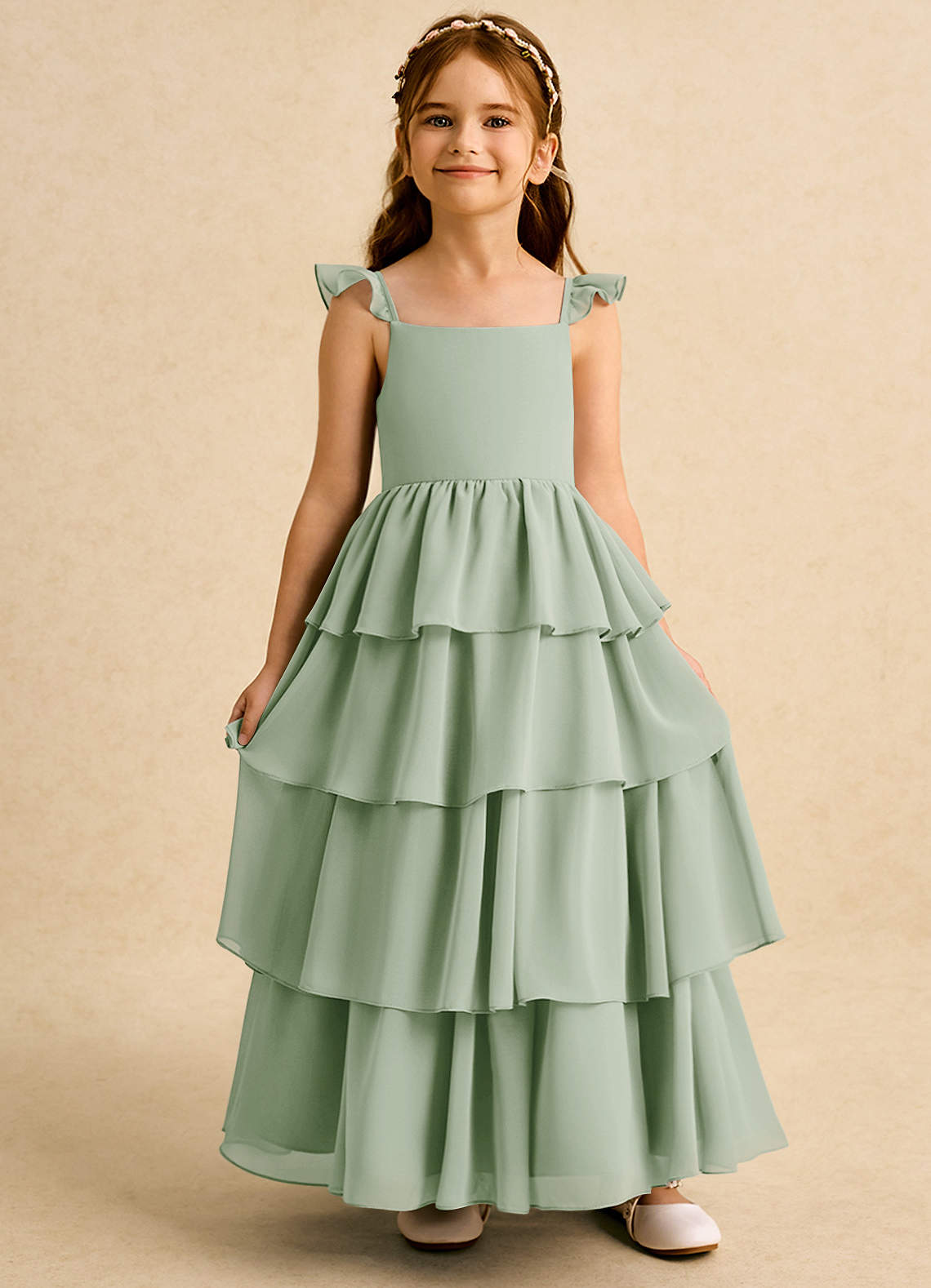 Azazie Boba Flower Girl Dresses Dusty Sage A-Line Square Neckline Chiffon Dress image5