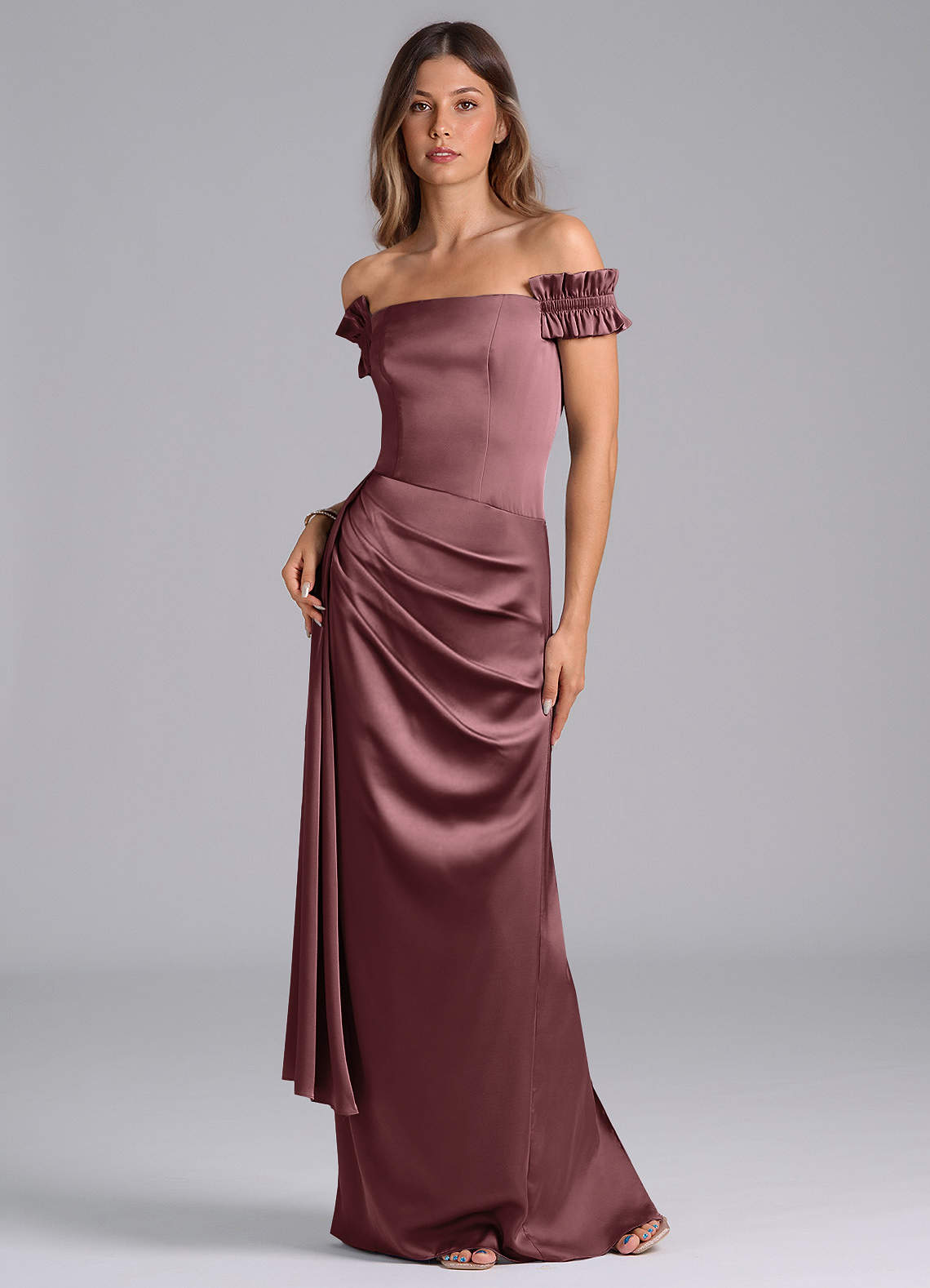 Azazie Kalysia Bridesmaid Dresses Vintage Mauve Mermaid Off the Shoulder Stretch Satin Convertible Dress image1