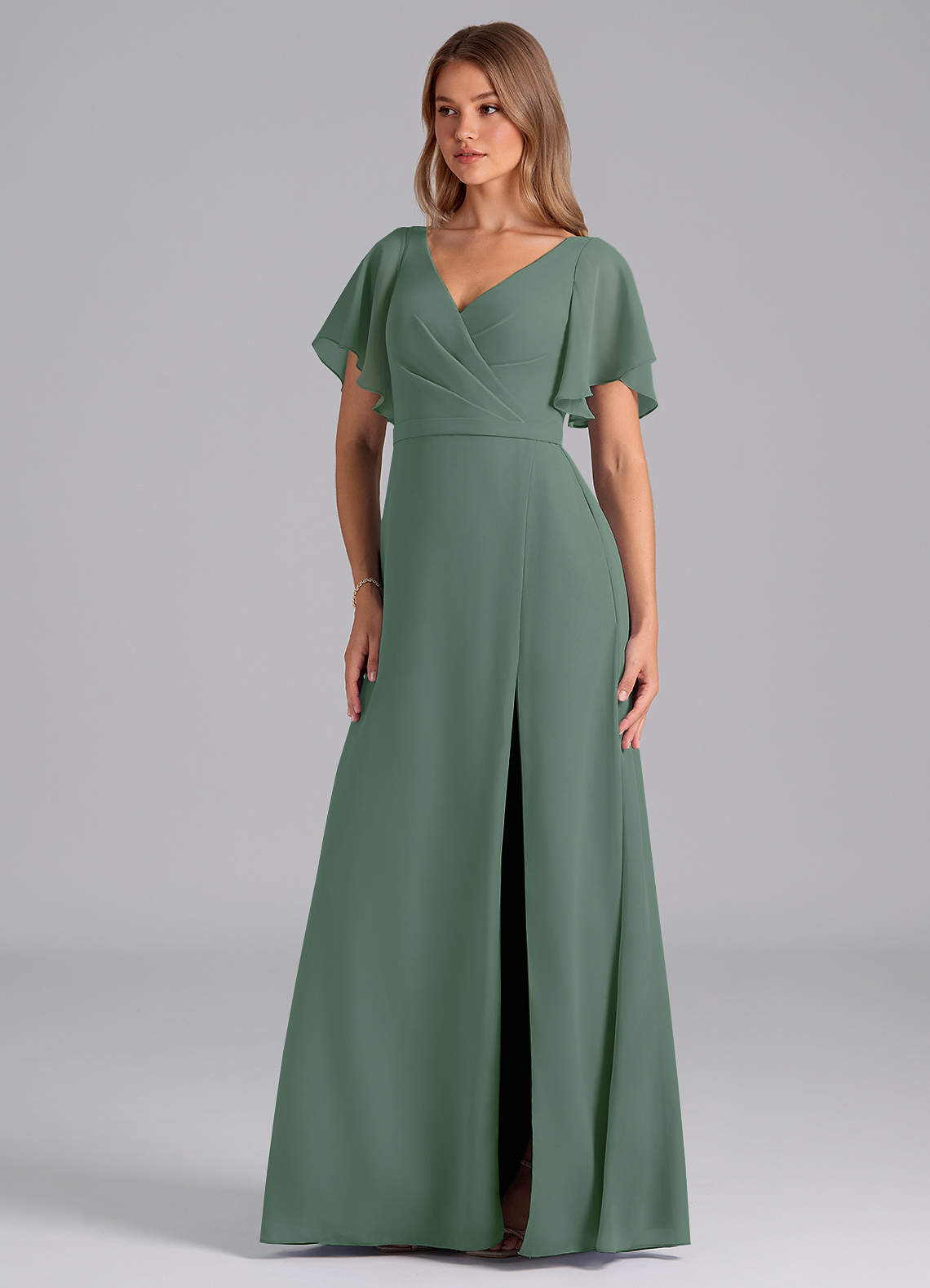 Azazie Ambrosia Bridesmaid Dresses Eucalyptus A-Line Pleated Chiffon Dress image1