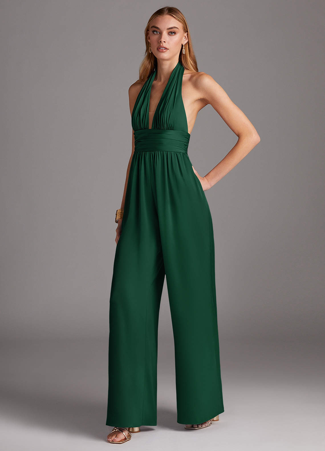 Azazie Oli Bridesmaid Dresses Dark Green Pleated Stretch Satin Jumpsuit image1