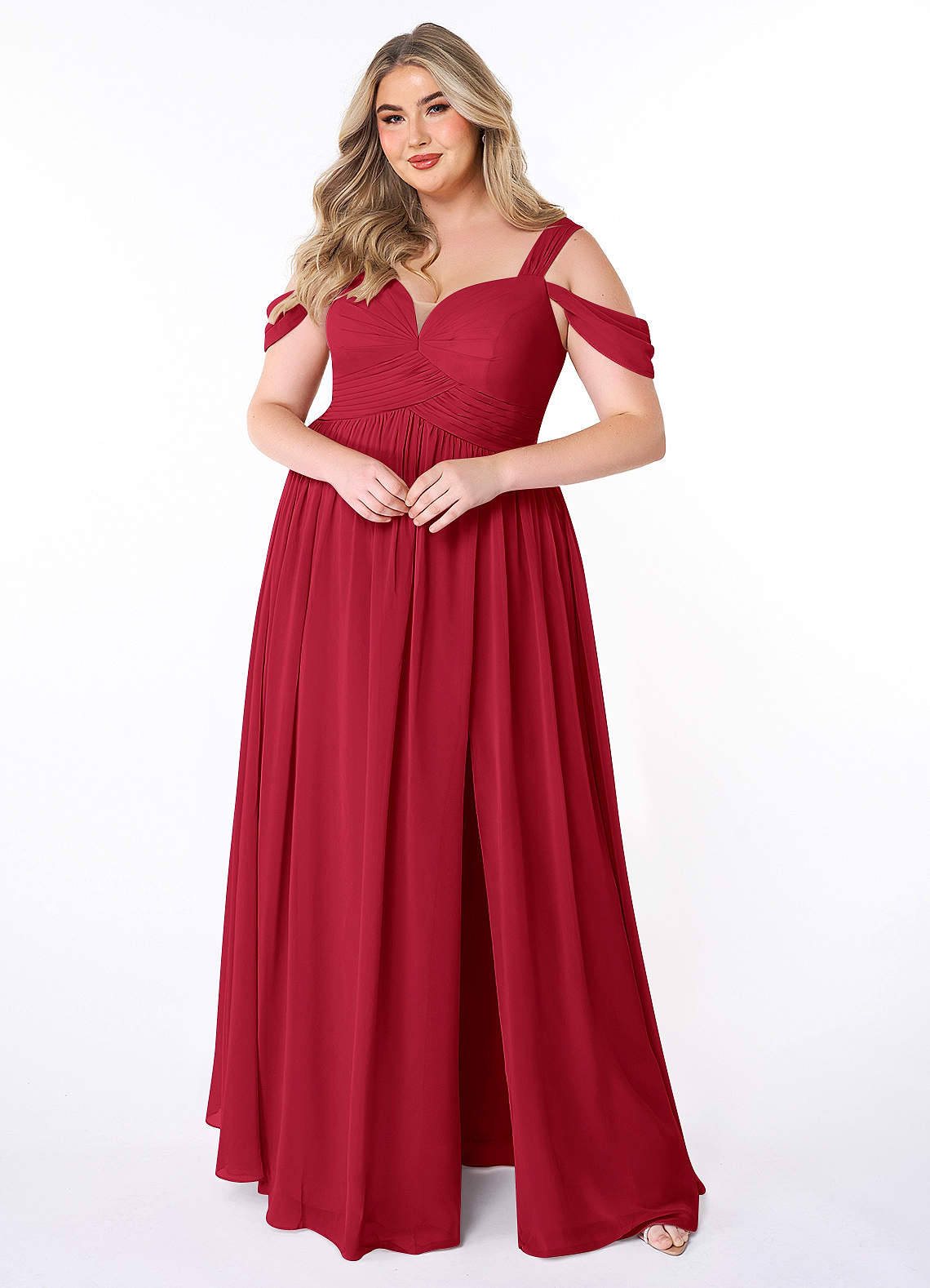 Azazie Lianne Bridesmaid Dresses Scarlet A-Line Off the Shoulder Chiffon Dress image1