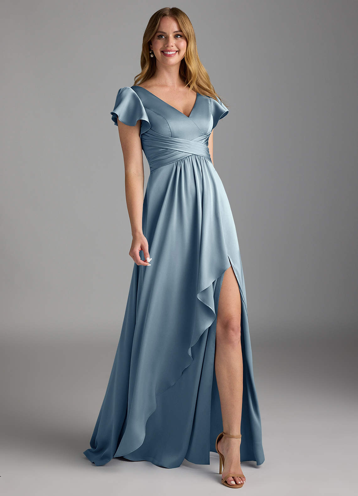 Azazie Omari Bridesmaid Dresses Dusty Blue A-Line Stretch Satin Dress image1