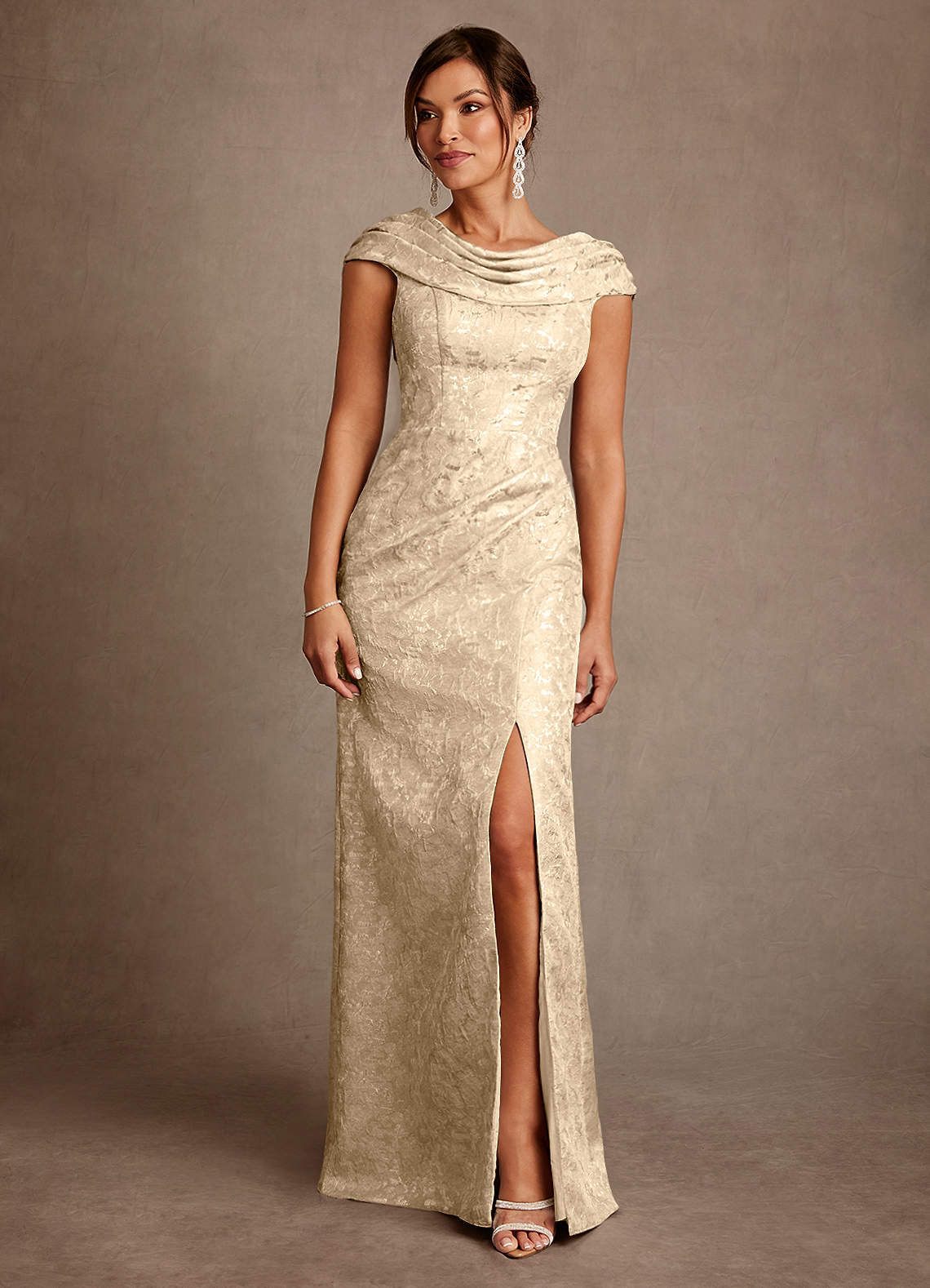 Azazie Irvine Mother of the Bride Dresses Champagne A-Line Pleated Floral Jacquard Dress image2