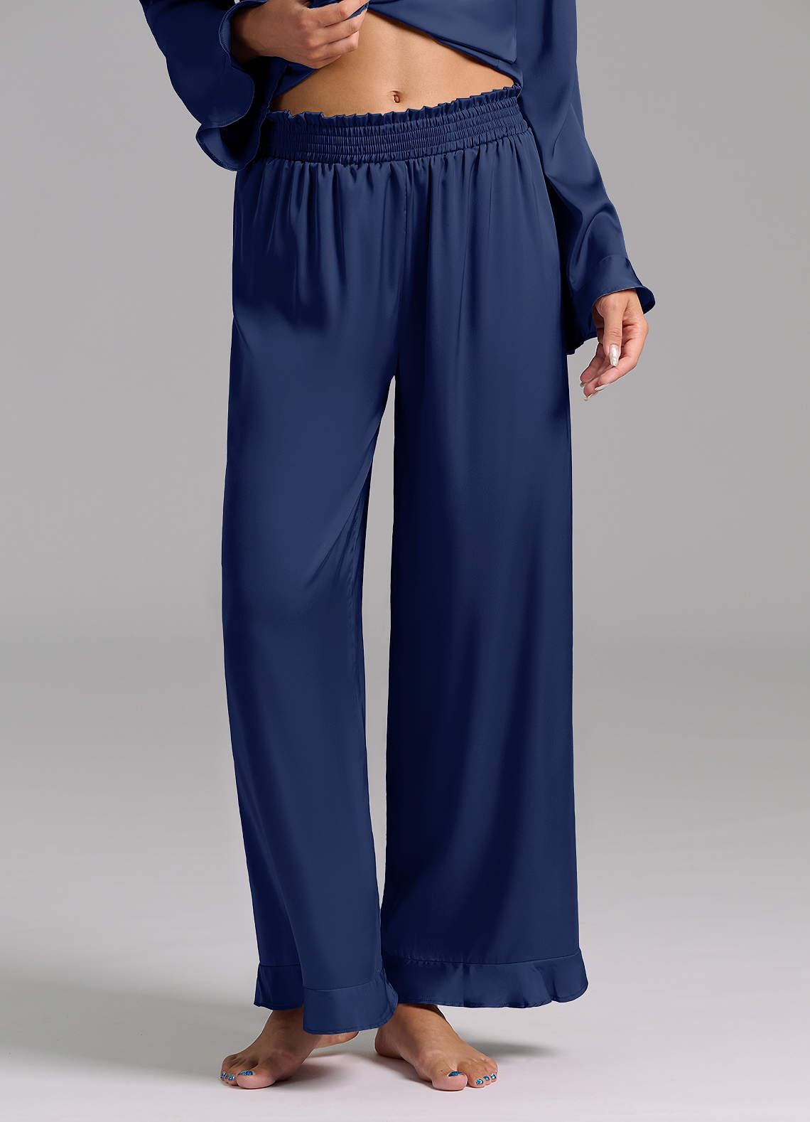 front Matching Color Ruffled Satin Long Sleeve Pajama Set