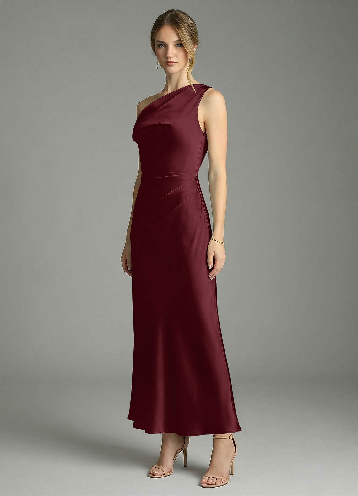 Azazie Emerson Bridesmaid Dresses Cabernet Mermaid Off the Shoulder Stretch Satin Dress image3