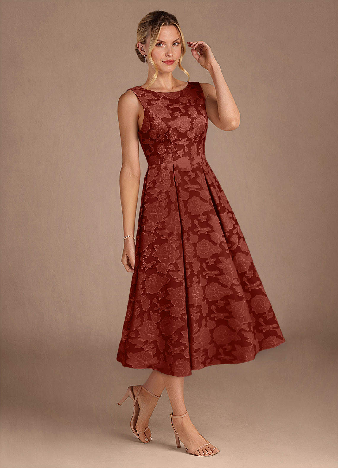 Azazie Fulton vestidos de madre de la novia Vestido de Terracota de Devorado Floral de Corte En A con Plisado image1