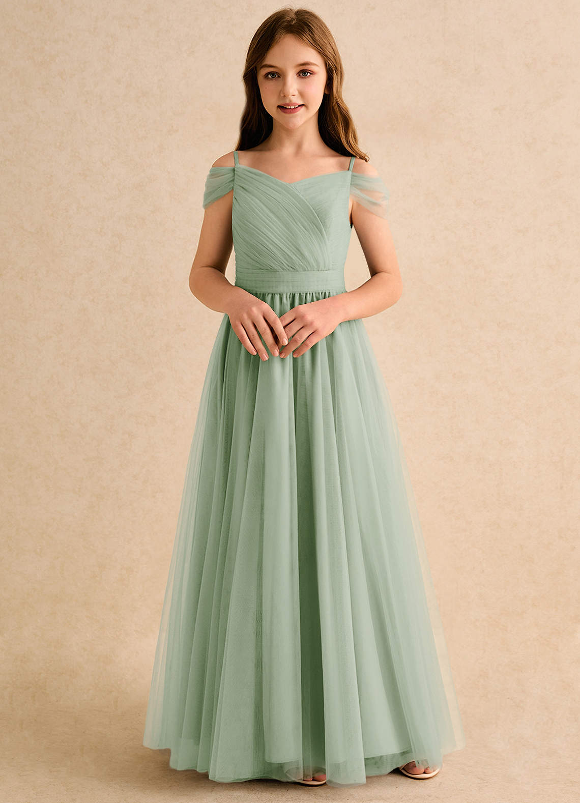 Azazie Yuna Junior Formal Flower Girl Dresses Dusty Sage A-Line Off the Shoulder Tulle Dress image3