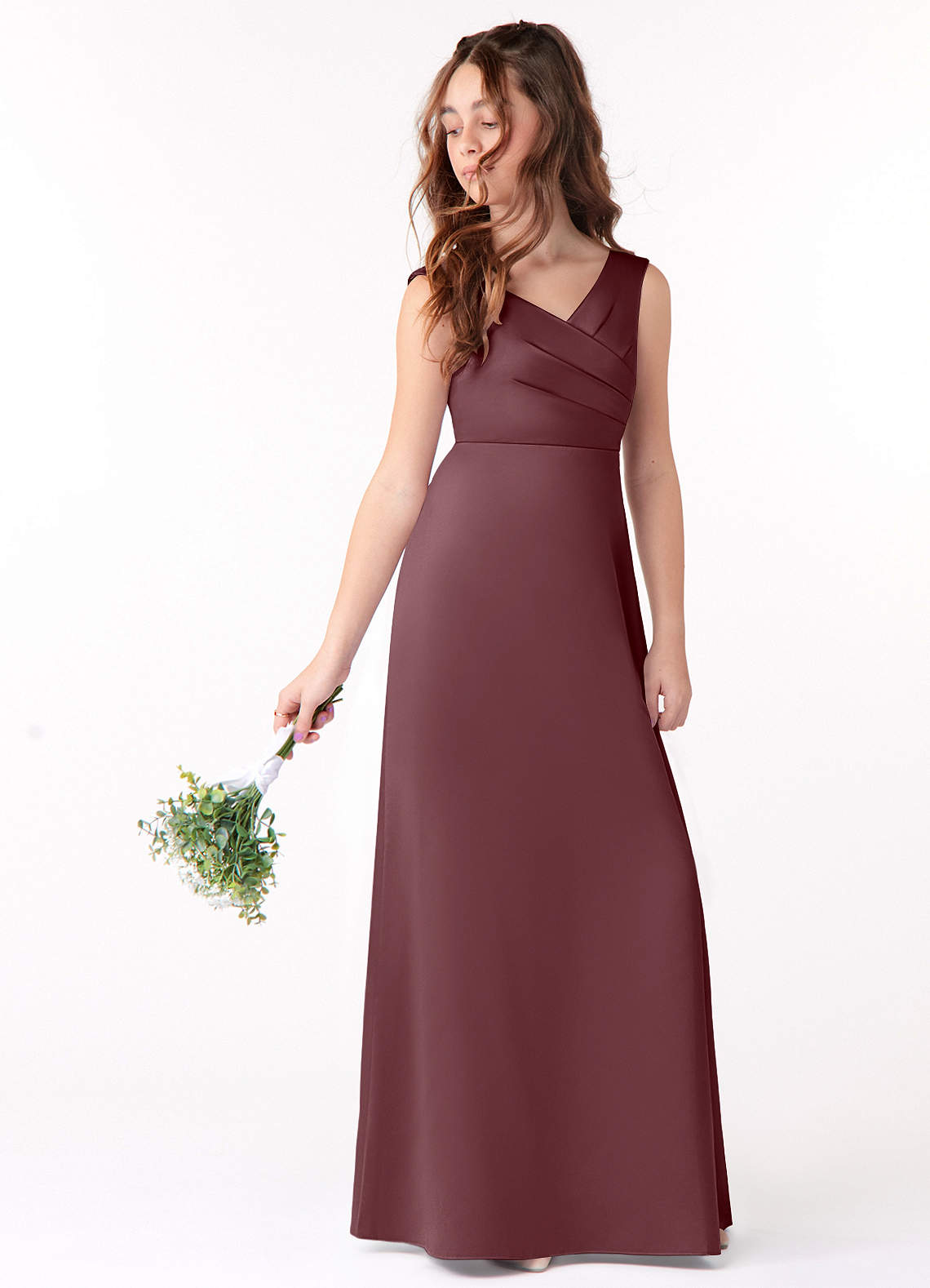 Azazie Sadia Junior Sangria A-Line Pleated Stretch Satin Dress image1