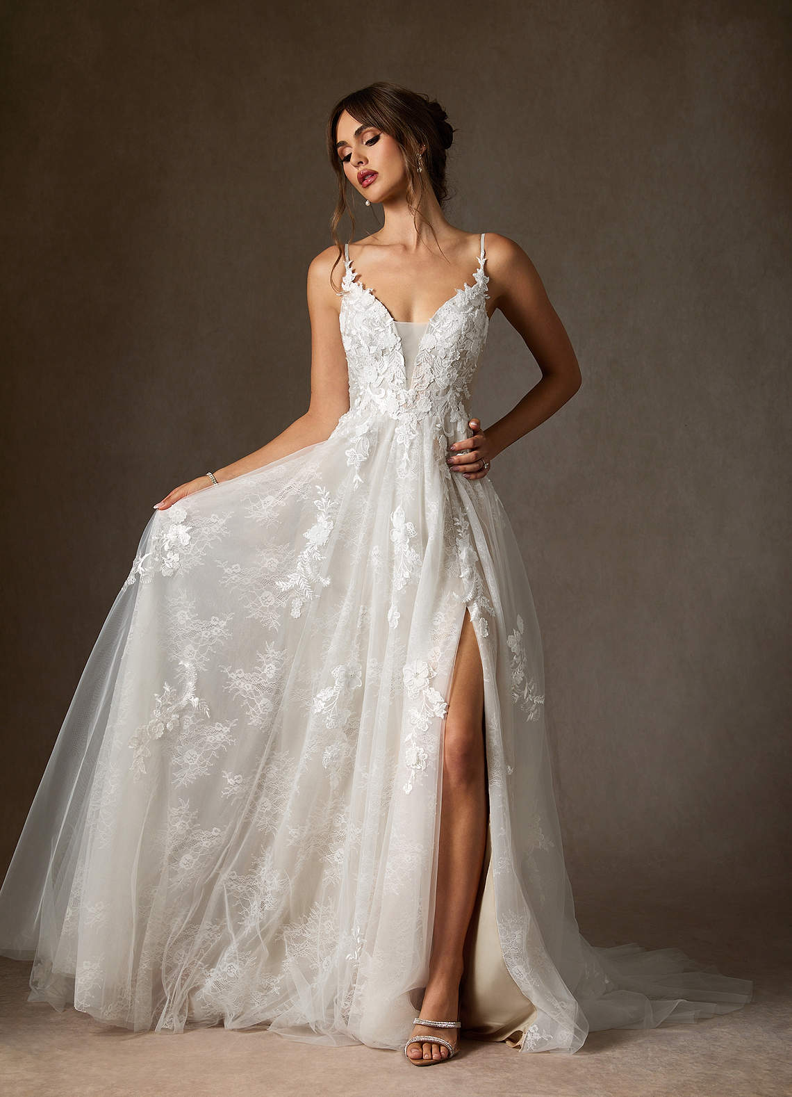 Azazie Monda Wedding Dresses Diamond White A-Line Lace Tulle Dress image3