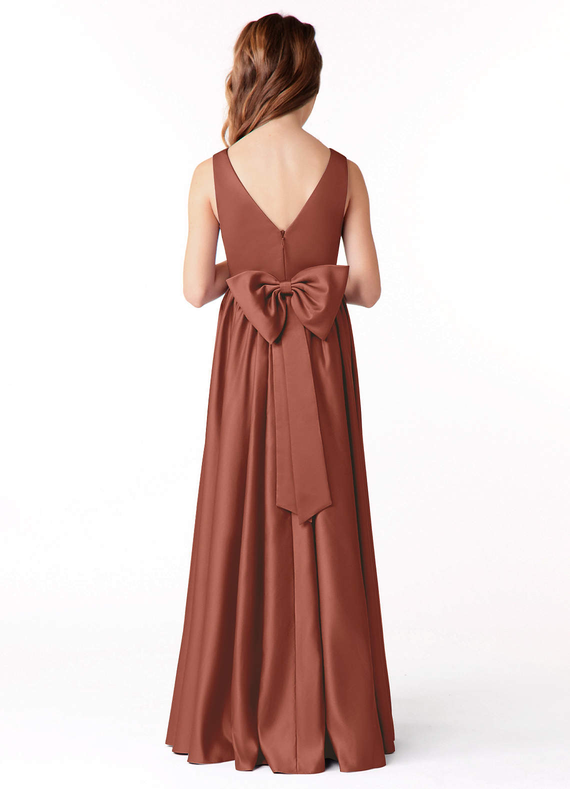Azazie Hathaway Junior Auburn A-Line Bow Stretch Satin Dress image1