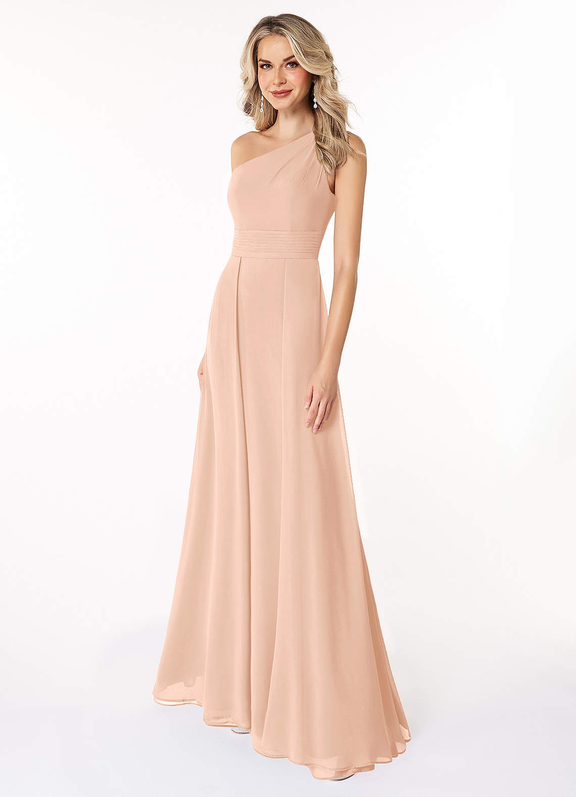 Azazie Dallas Vestidos de damas de honor Vestido de Rosa Inglesa de Gasa de Corte en A con Hombro unilateral image1
