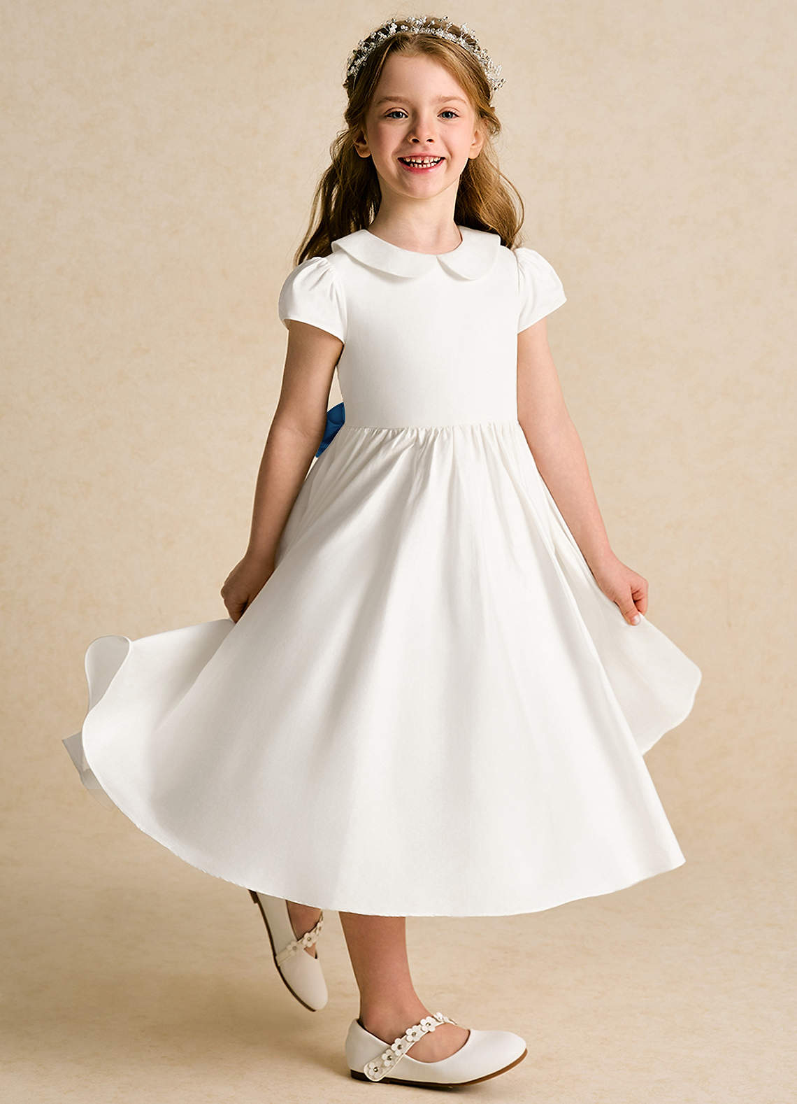 Azazie Deary Flower Girl Dresses Ivory Steel Blue A-Line Bow Cotton Dress image2