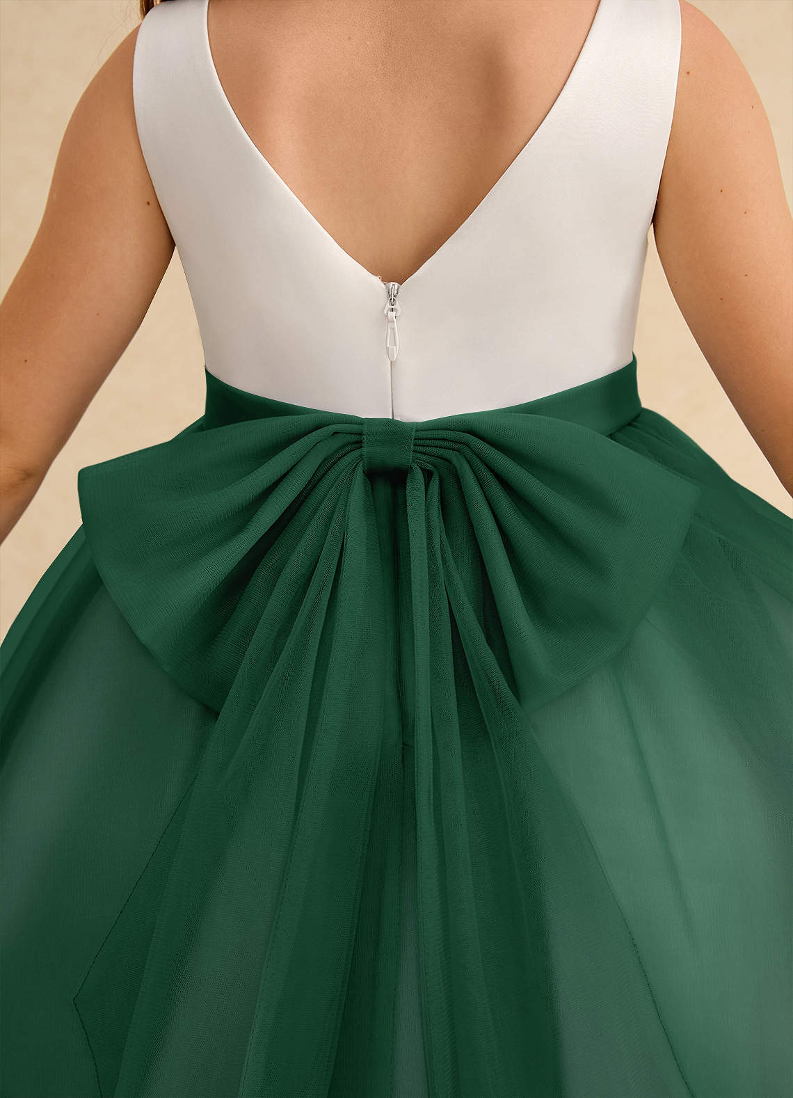 Azazie Rene Ivory Dark Green A-Line Bow Tulle Dress | Azazie Azazie Rene Ivory Dark Green A-Line Bow Tulle Dress | Azazie