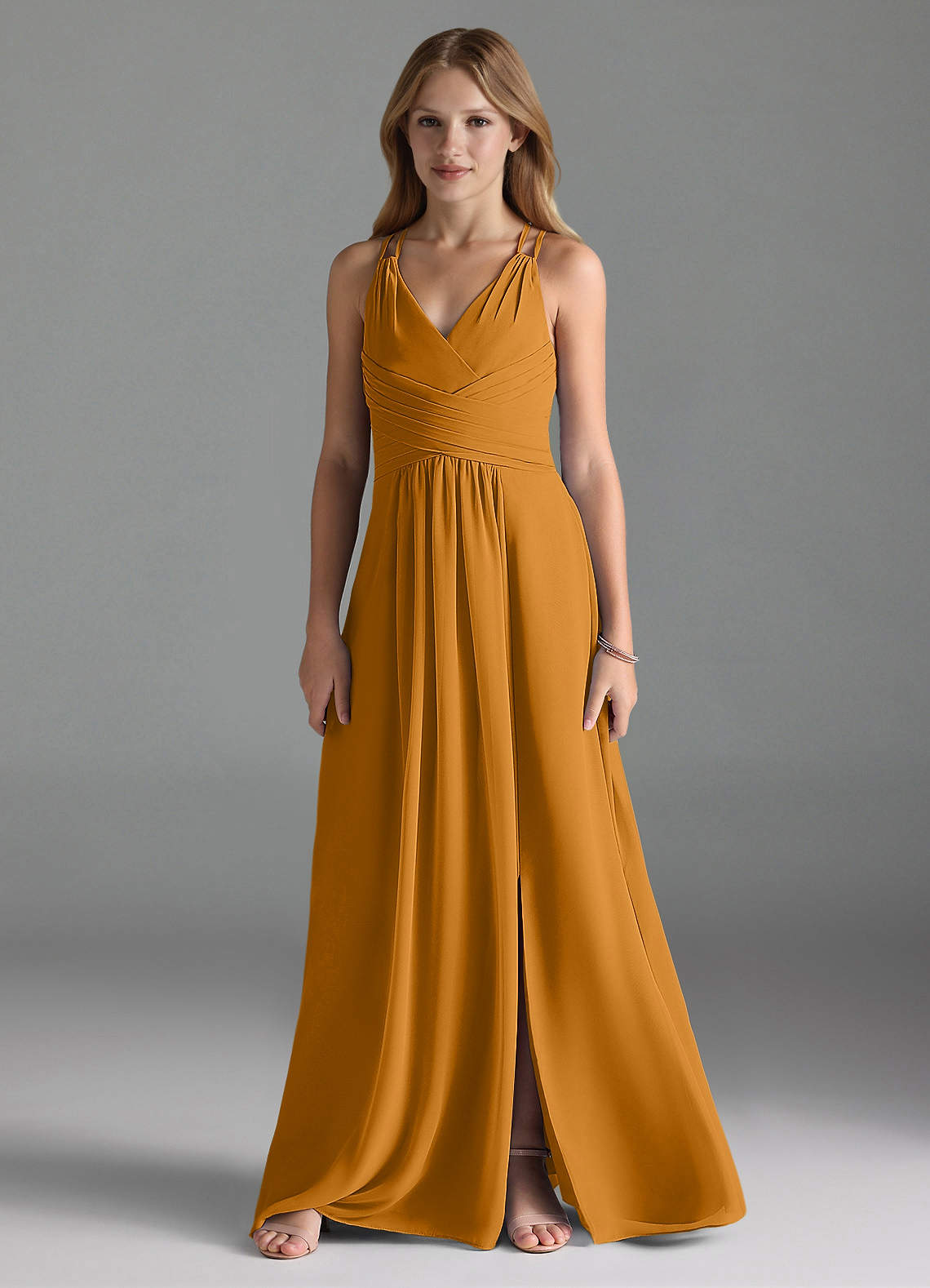 Azazie Farren Junior Butterscotch A-Line Pleated Chiffon Dress image1
