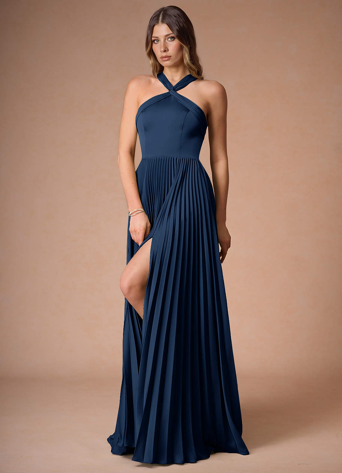 Azazie Floor-Length Maxi Dresses A-Line Wedding Guest Formal Dresses V Neck Navy