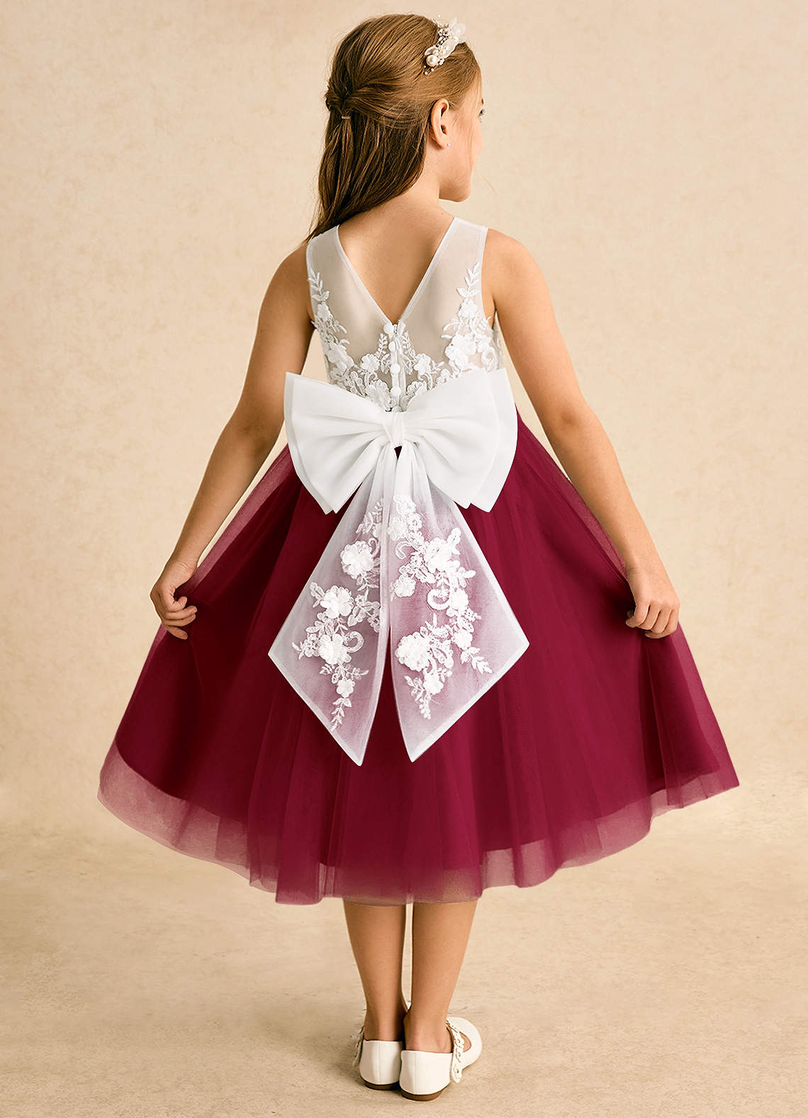 Azazie Lina Flower Girl Dresses Ivory Burgundy Ball-Gown Lace Dress image1