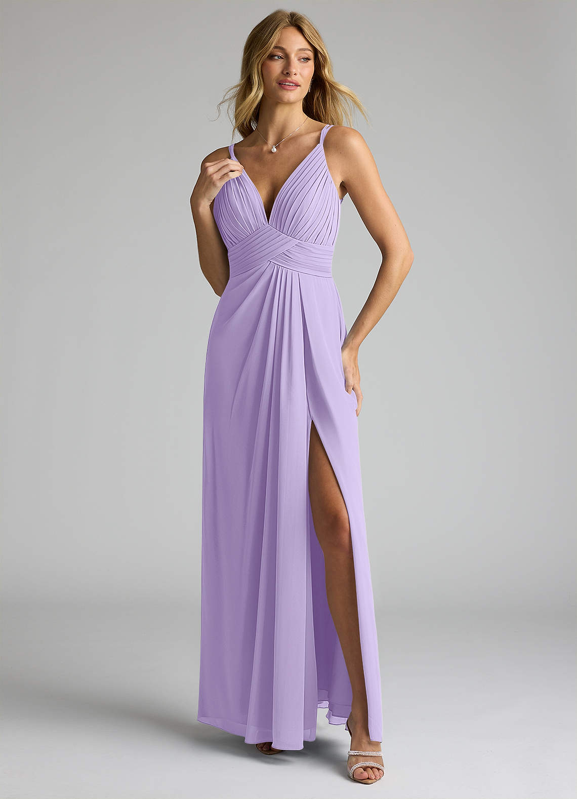Azazie Maren Allure Bridesmaid Dresses Lilac A-Line V-Neck Lace Chiffon Dress image1