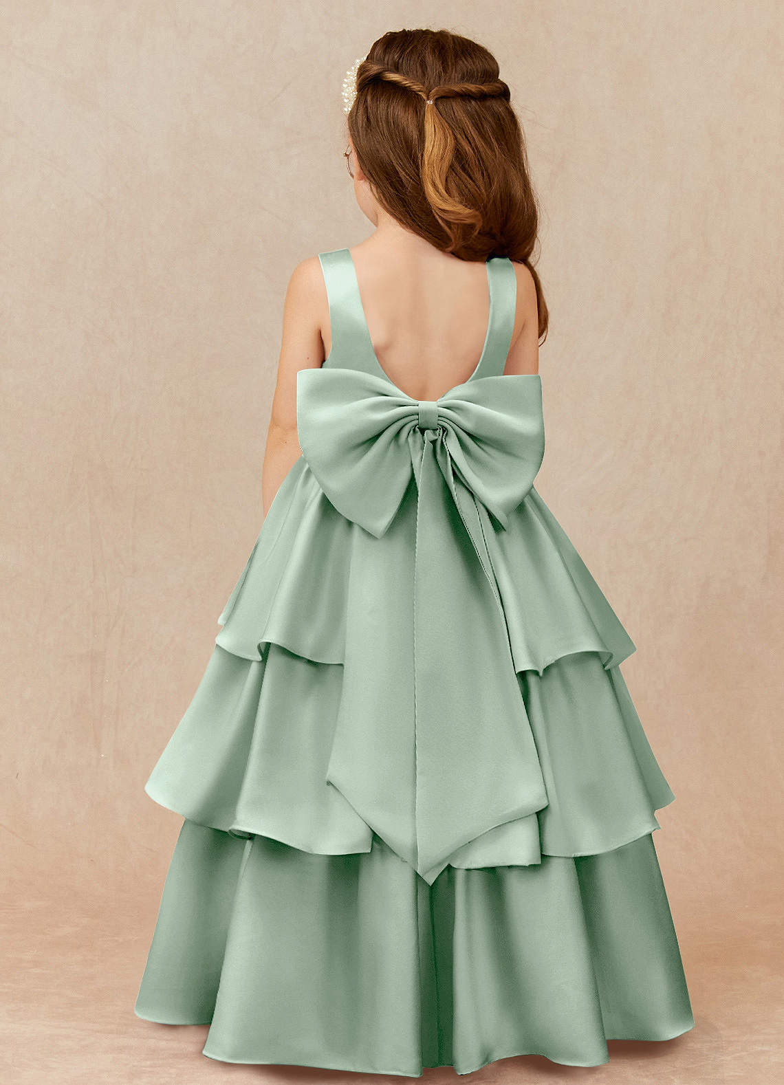 Azazie Margie Flower Girl Dresses Agave A-Line Bow Stretch Satin Dress image1