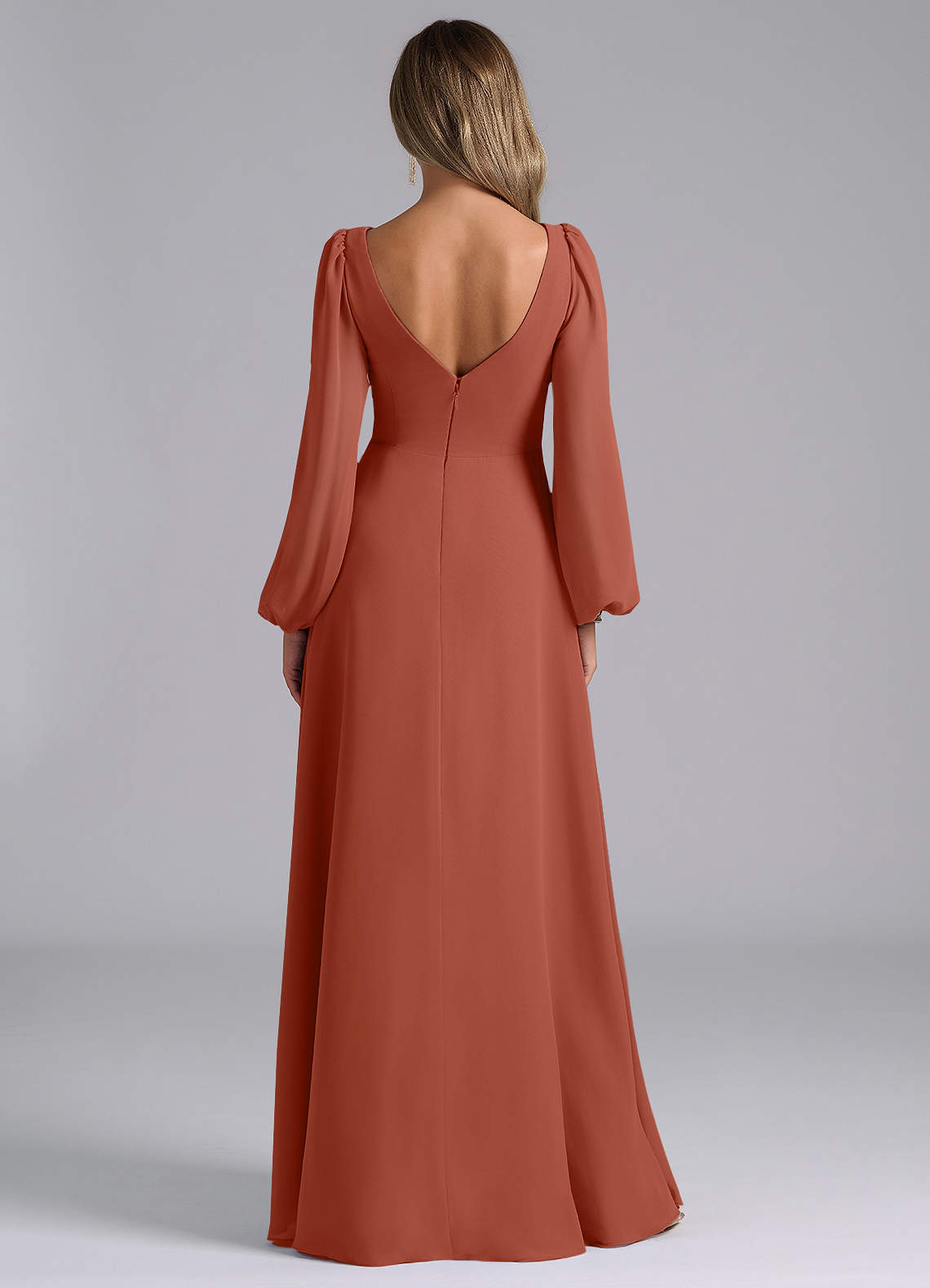 long sleeve backless bridesmaid dress Azazie Liah Clay Chiffon Dresses Hutch Jamila Sleeveless Twist-Front Variant:XL Stretch Fabric Lace stretchy fabric allows room