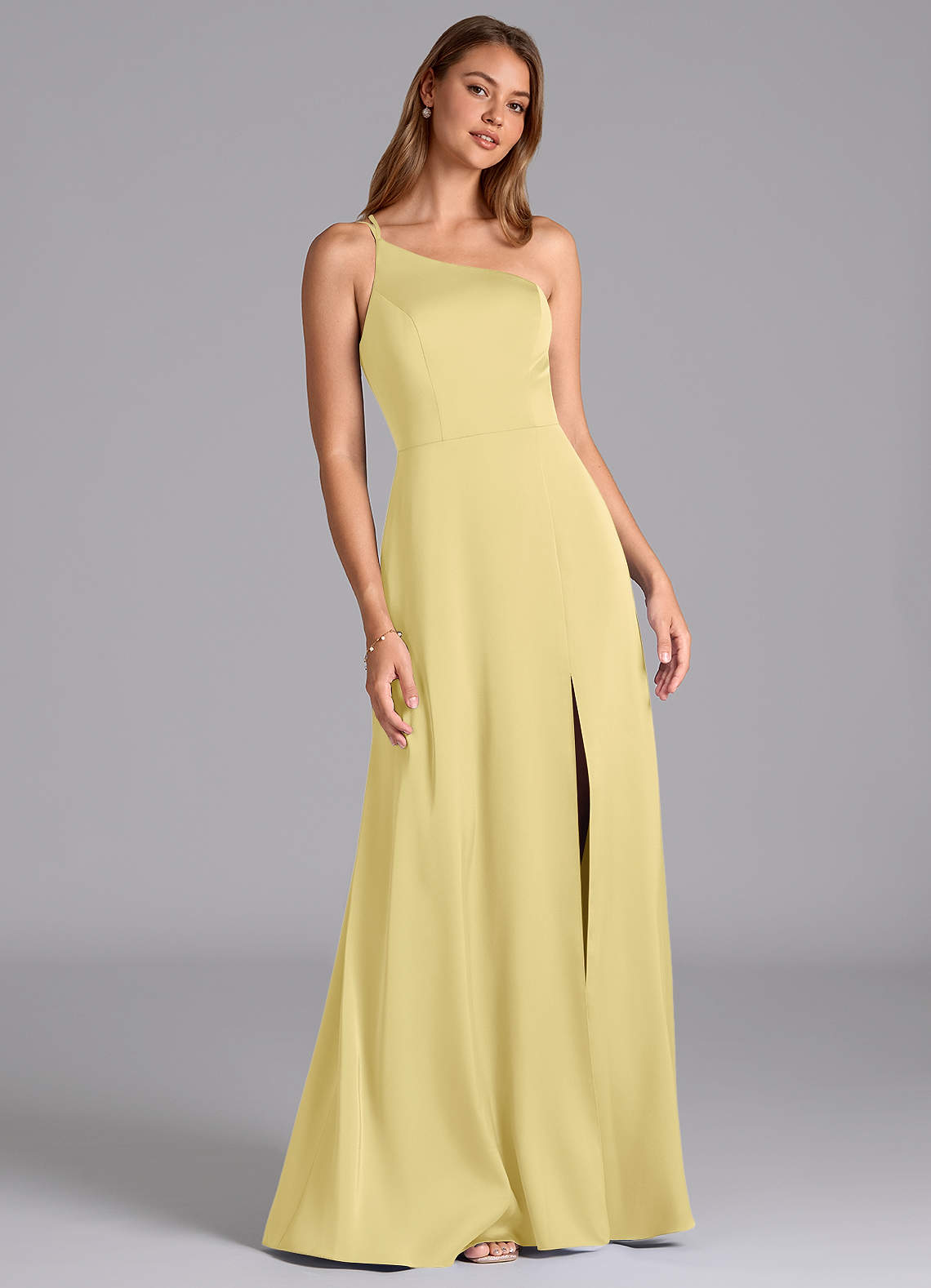 Azazie Trina Bridesmaid Dresses Lemon Sorbet A-Line One Shoulder Stretch Satin Dress image1