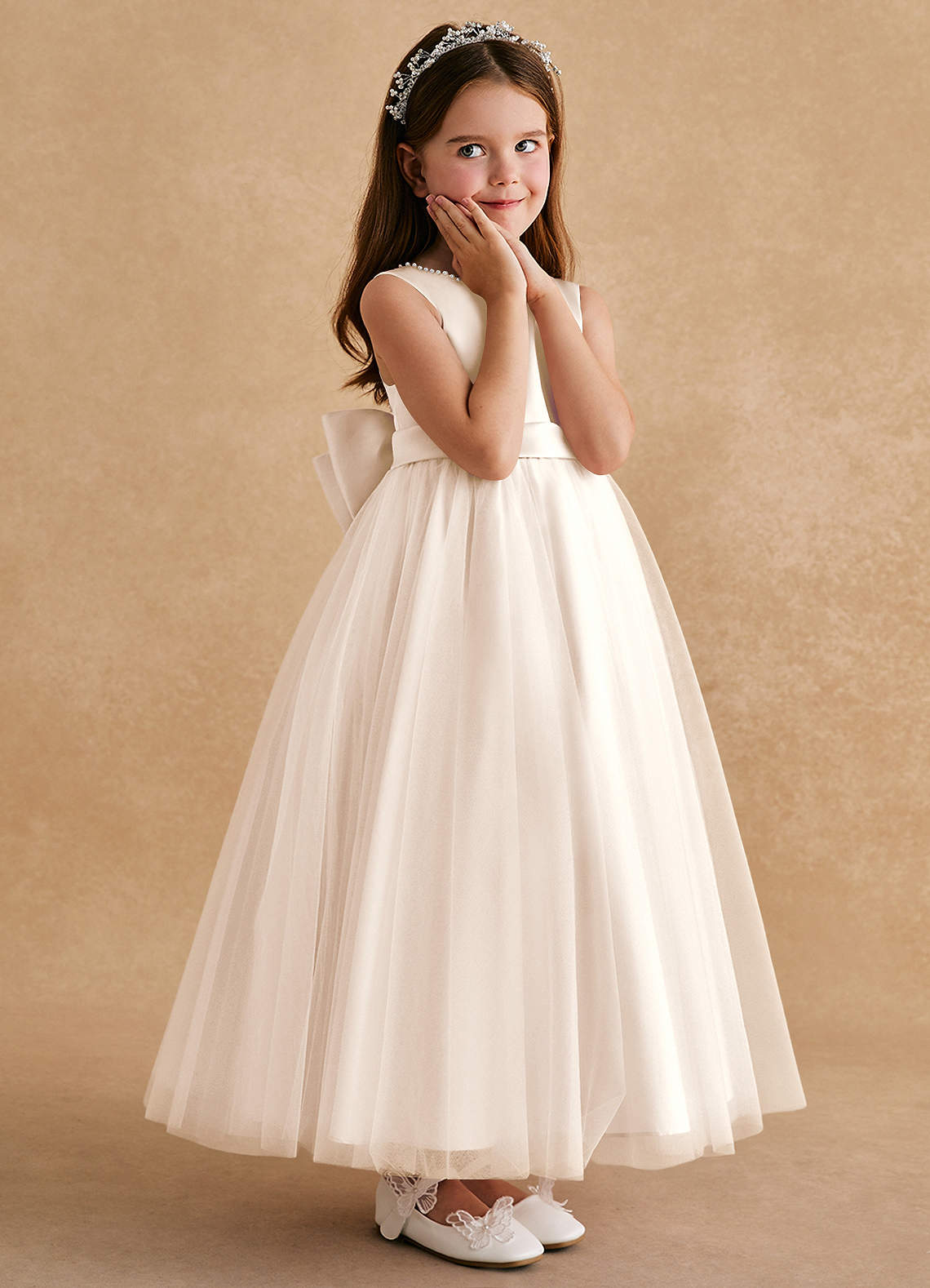 Azazie Cookie Flower Girl Dresses White Alabaster A-Line Bow Tulle Dress image2